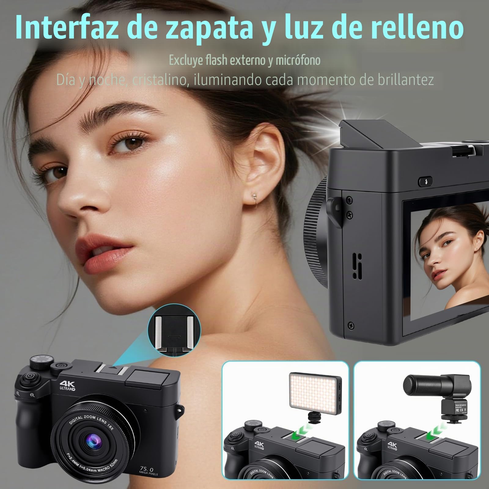 Camara de Fotos 4K 75MP - Zoom Digital 18X Camara Digital Enfoque Automático, Pantalla IPS de 3", Selfies/Vlogging, Tarjeta de 32GB, Camaras Compacta para Principiantes, Adolescentes (Negro)