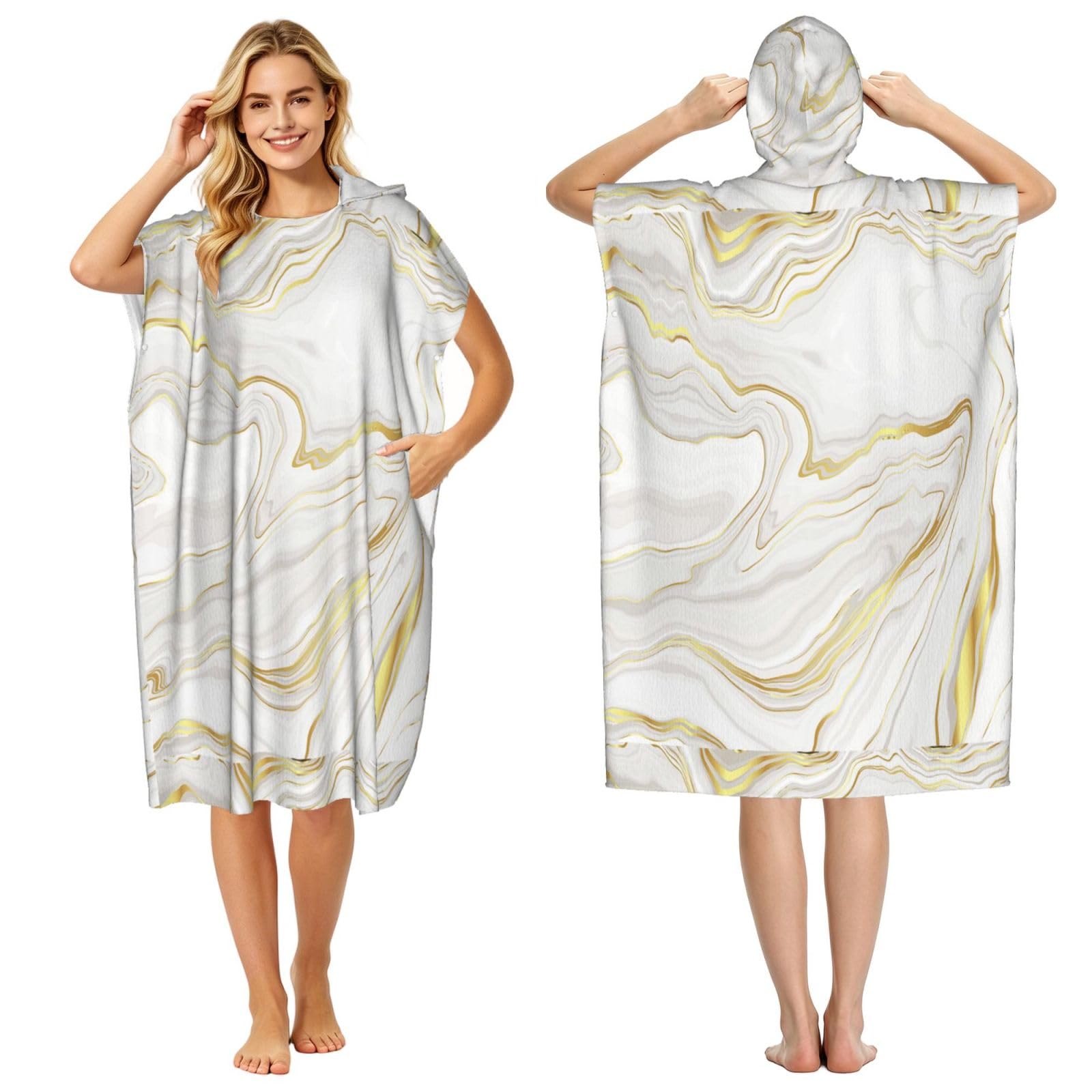 Poadnly Marble White, Adult Hooded Beach Towel 90 x 110 cm,Changing Bath Robe, Surf Poncho Towel For Women Men