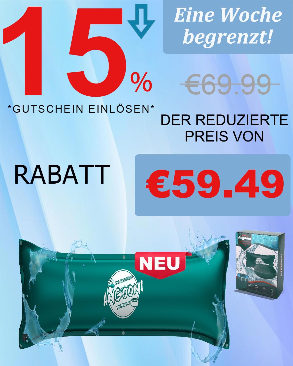Angooni Poolkissen Winter 200 x 450 cm XXL (für 320-750 x 550-860 cm Pools) | Luftkissen Pool mit Doppelnaht zur Poolabdeckung | Pool Kissen für den Winter mit Boston Dual-Inflation Ventil | Grüner