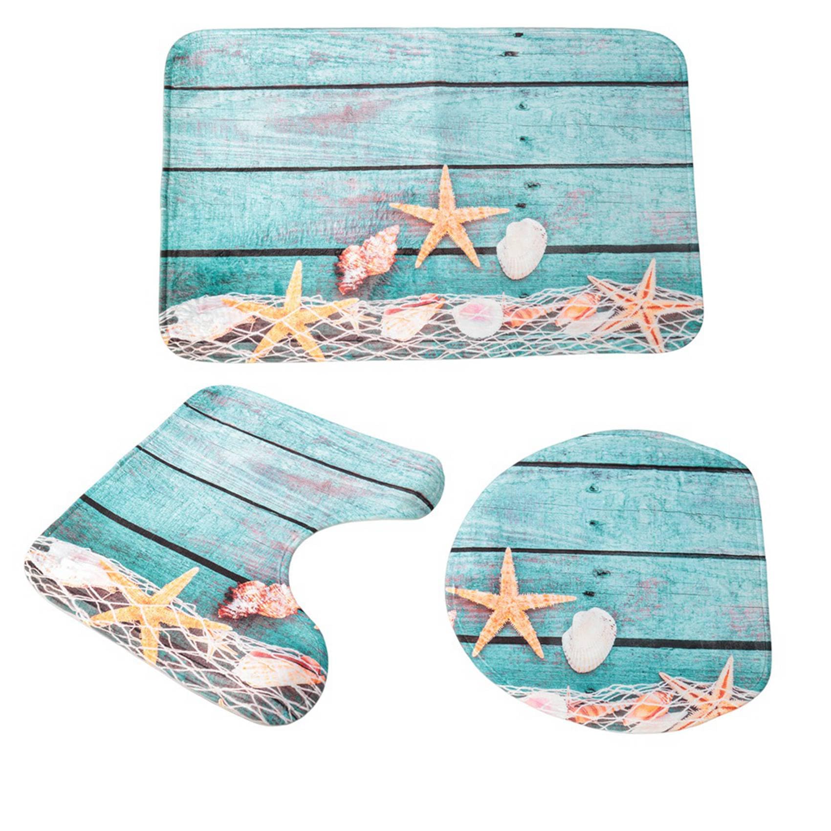 Giilayky Beach Seashells Starfish Sand Bath Mat Holidays Summer Bathroom Carpet Rug Non-Slip 3 Piece Toilet Mat Set Starfish Floor - Image 3