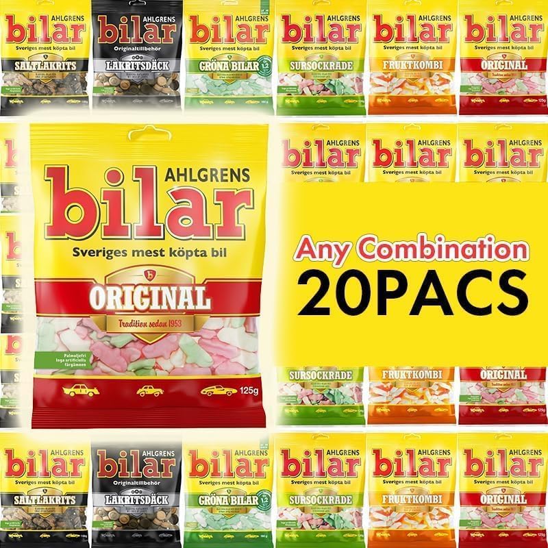 Ahlgrens Bilar Mix Set 20 packs  Elige cualquier paquete de muchos sabores sueco  Sueco Candy de Suecia  Chewy  Caramelos de malvavisco  Coches