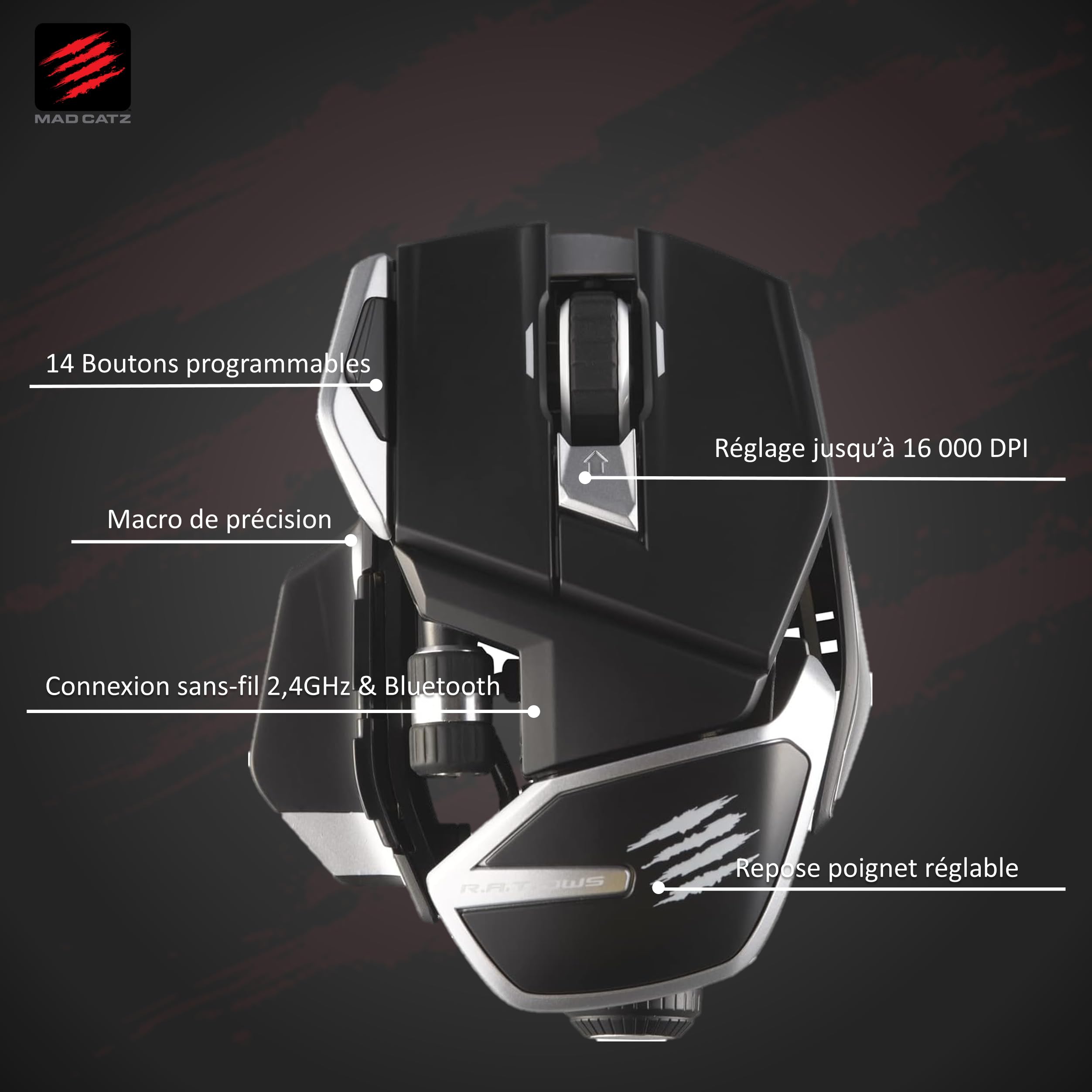 Mad Catz Rat DWS Souris Gamer Sans Fil - Souris Ergonomique 14 Boutons Programmables - Capteur Optique Pixart3335 16000 DPI - Souris Gaming Bluetooth PC Noire Switch Dakota 60 Millions