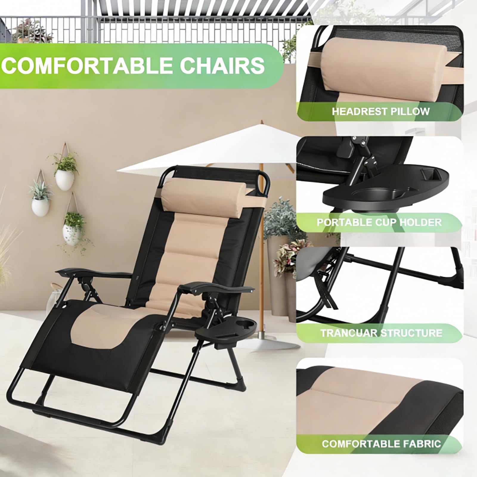 Silla Reclinable Plegable, Ajustable Silla de Gravedad Cero, Tumbonas Jardin Exteriorcon Reposacabezas y Almohadilla, para Jardín, Acero, Piscina, Terraza, Cómoda y Resistente, Carga de 150 kg