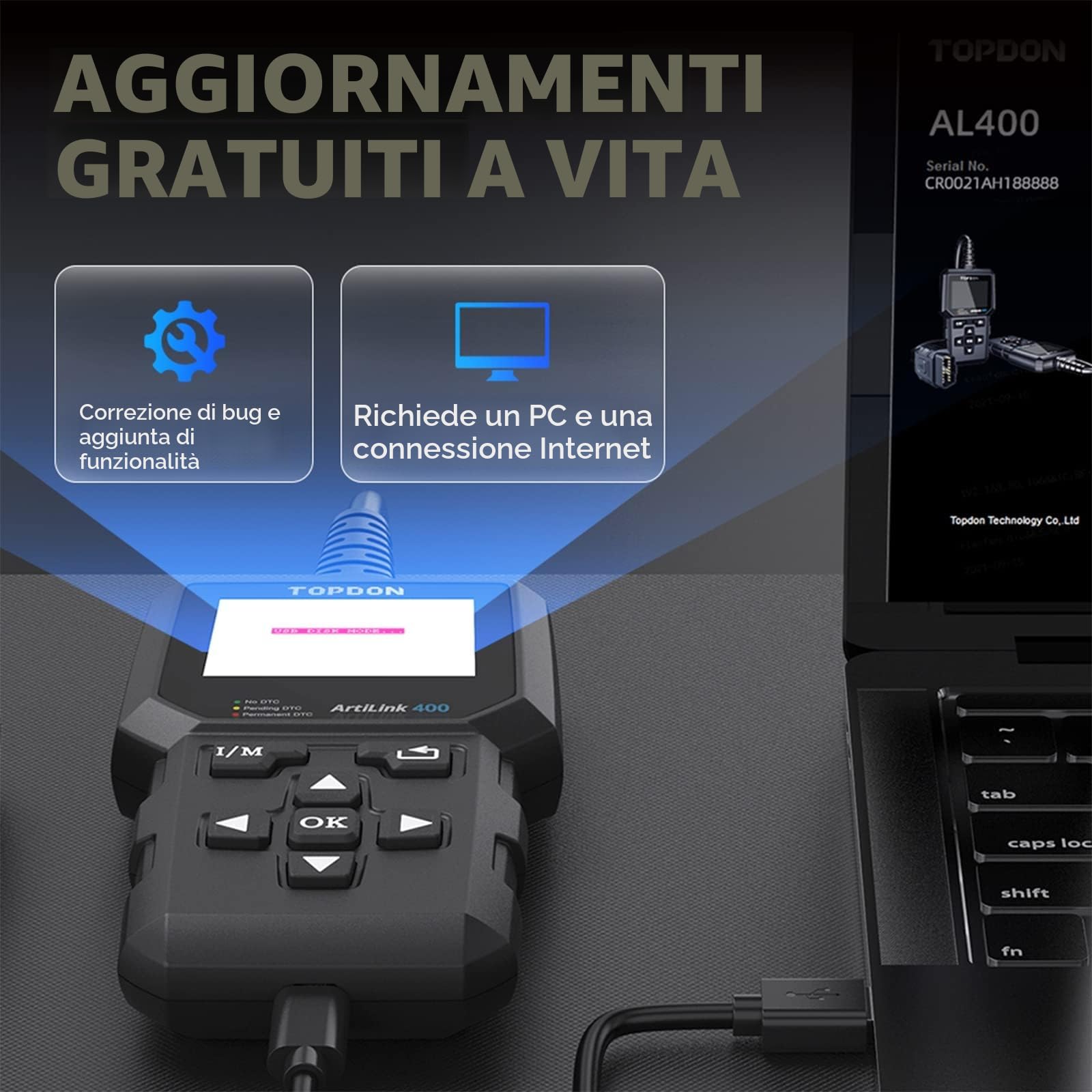 TOPDON Lettore di codici OBD2 AL400, 10 funzioni OBD2, spia del motore del controllo, test delle emissioni, test del sensore O2, EVAP, aggiornamento gratuito a vita