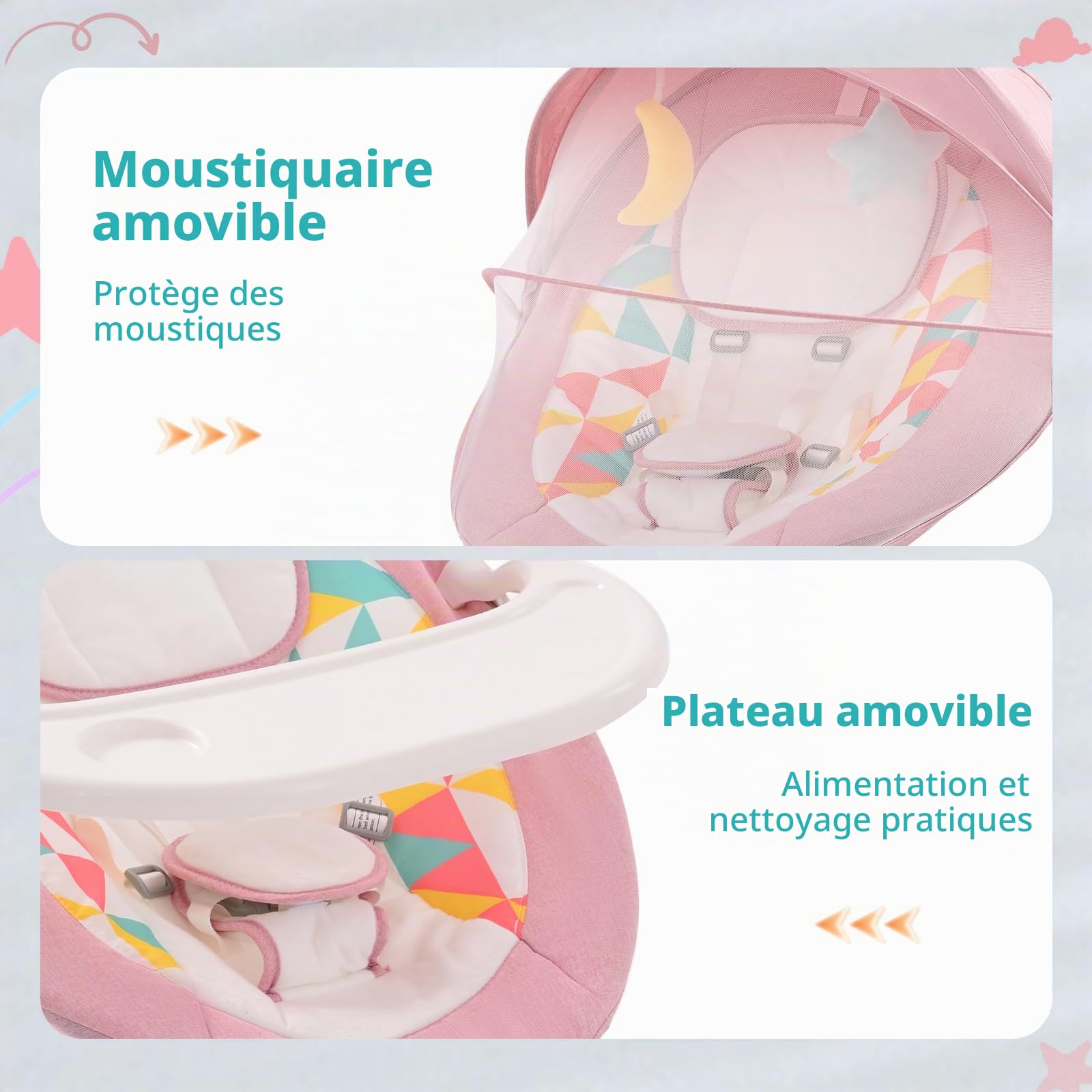 Bebe Balancelle Électrique avec Bluetooth, 5 Vitesses, 3 Angles, Télécommande, Écran Tactile et Plateau Amovible (Rose)