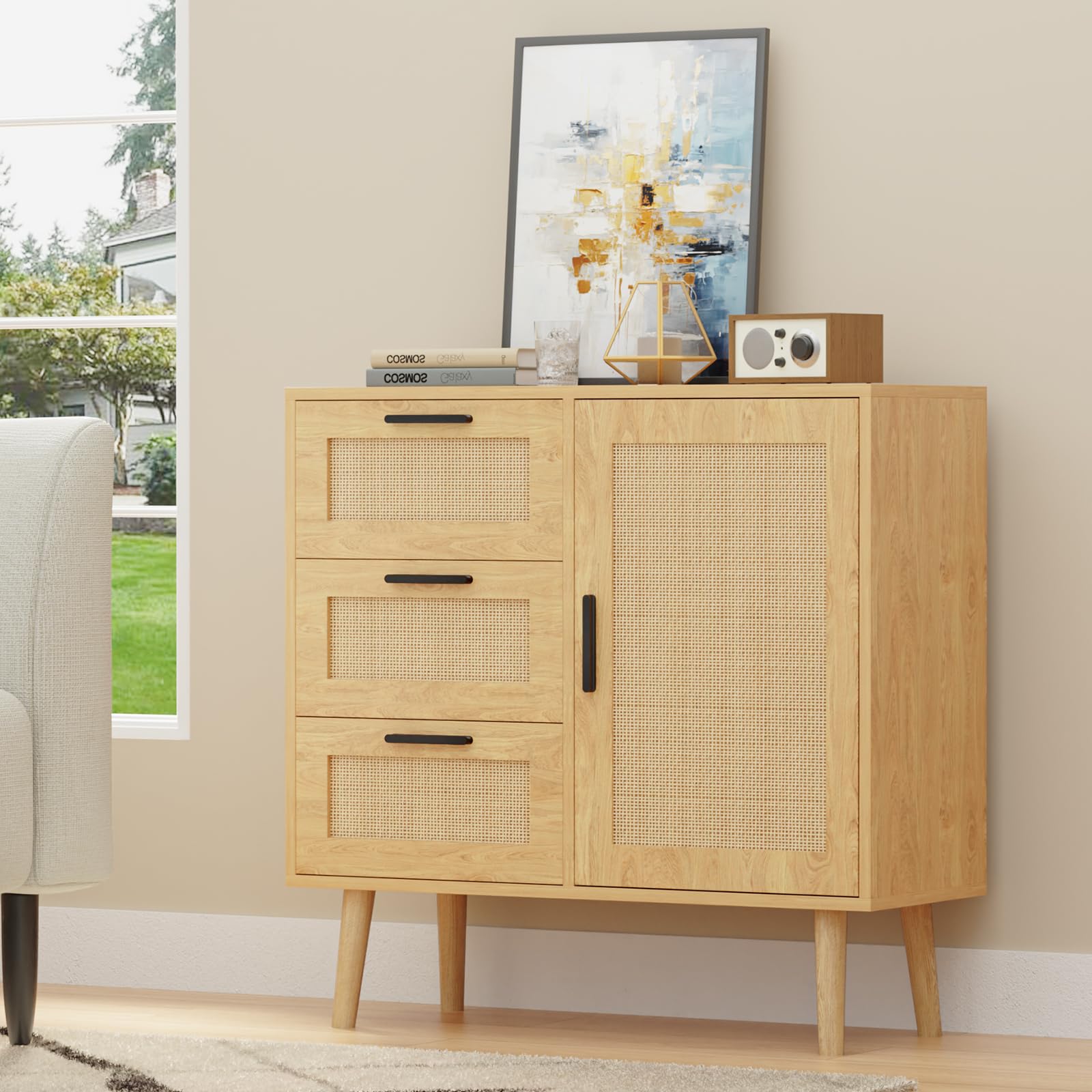 KFO Storage Cabinet, Rattan Sideboard with 3 Drawers & Door, Wooden Buffet Cabinet for Living Room, Dining Room, Hallway, Kitchen, Entryway