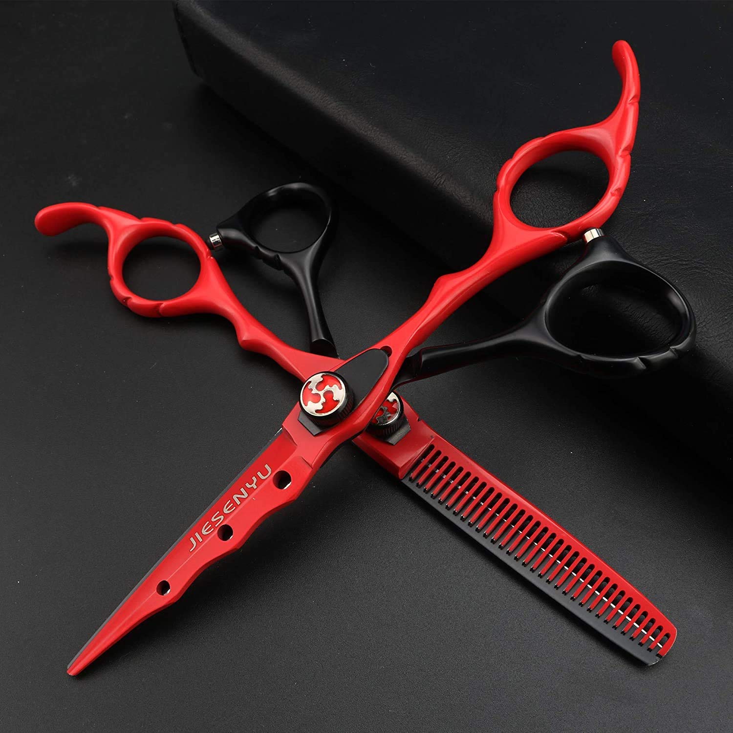 JIESENYU Forbici da 6 pollici per capelli rossi neri Giappone 440C forbici da taglio e sfoltire e astuccio per pettine