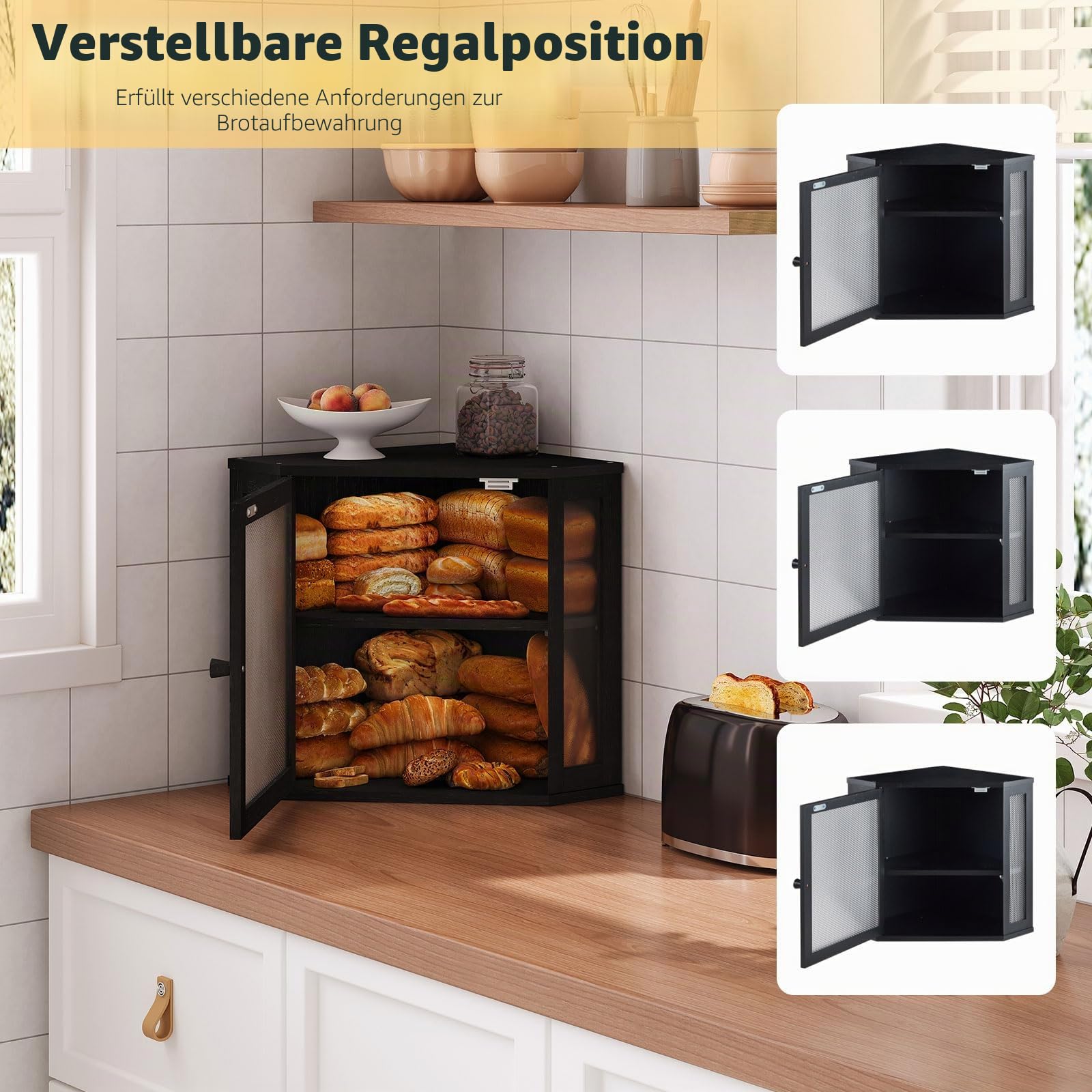 Eckbrotkasten für Küchenarbeitsplatte, Brotaufbewahrung für hausgemachtes Brot, großer zweischichtiger Bambus-Küchen-Aufbewahrungsbehälter mit Fenster (Schwarz, Medium)