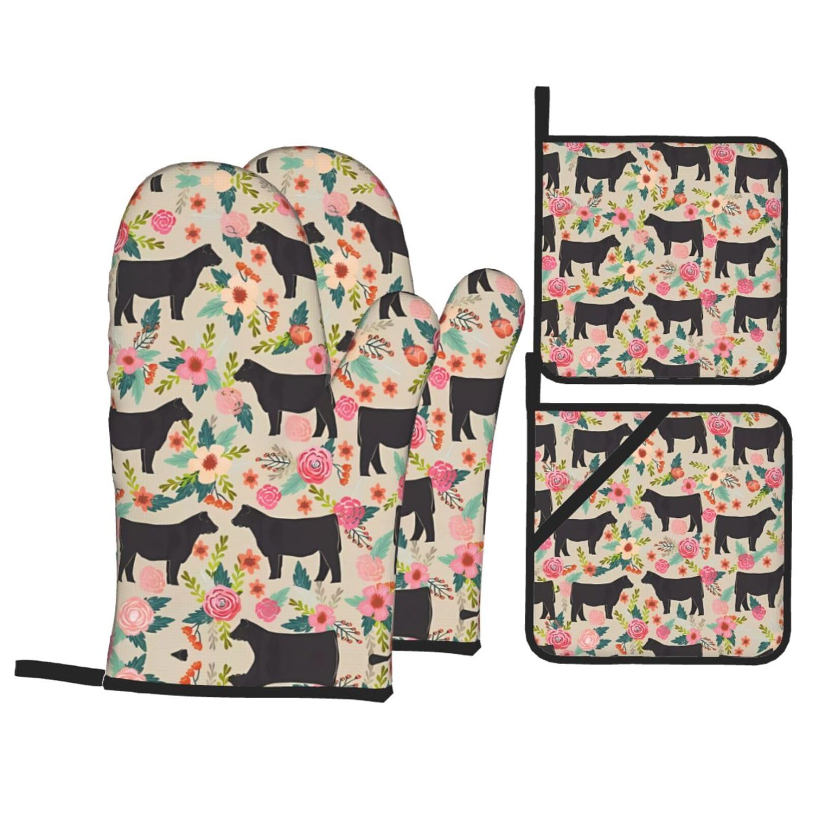 WHJSSF Pink Flower Show Steer Cows Cattle Prints Kitchen Baking Set - 4-Piece Heat Protection Layers with Waterproof Potholders for Oven, Grill & Serving