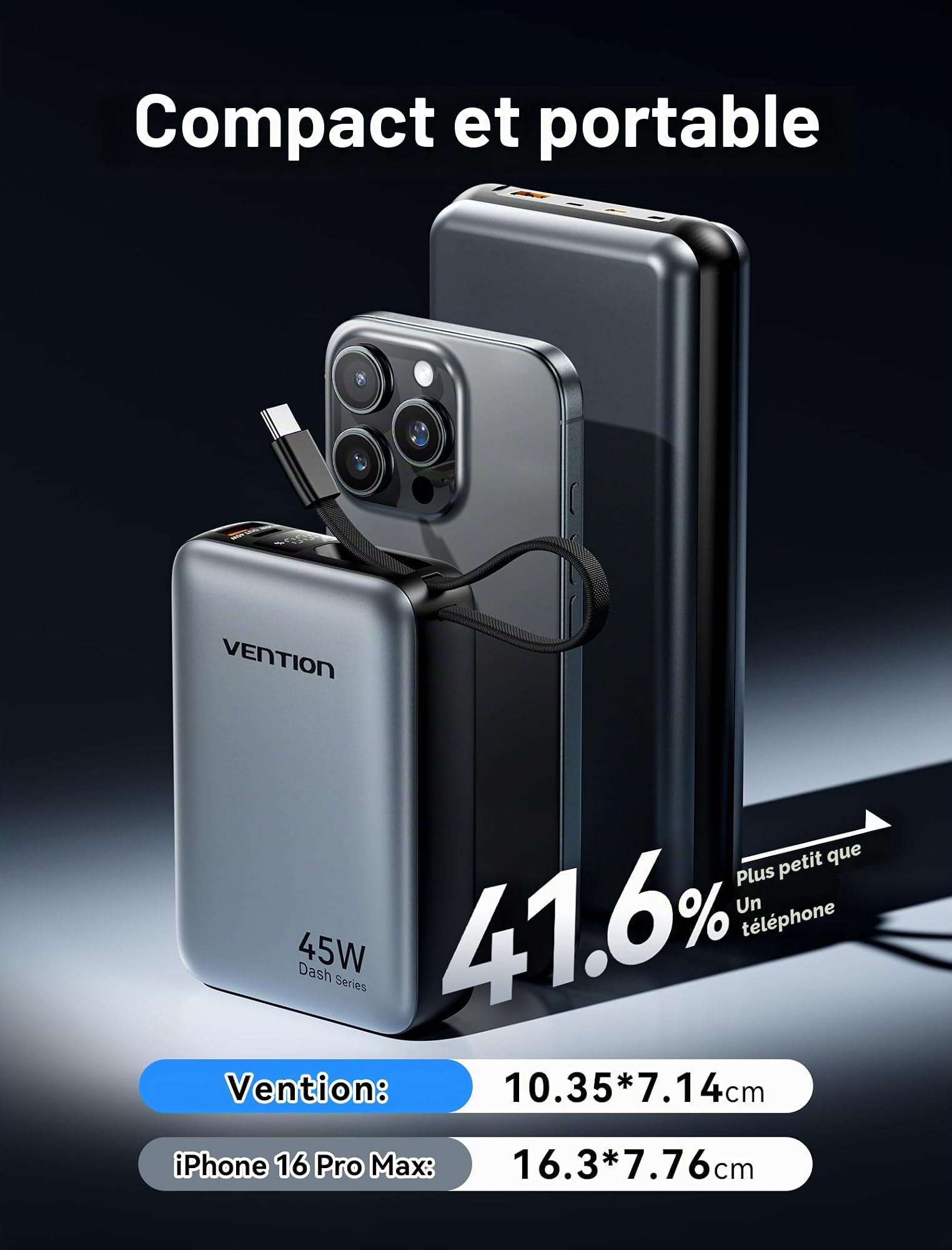 VENTION Mini Power Bank 45 W 20 000 mAh avec câble USB-C intégré, Chargeur Rapide PD/PPS, Batterie Externe de téléphone Portable avec écran LED pour iPhone 16/15/14, Galaxy S25/S24, iPad, Ordinateur