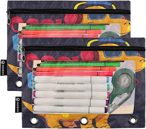 Miniatura 2 de Gredecor Estuche para lápices con 3 anillos, con cremallera de dinosaurio, paquete de 2 unidades, organizador transparente para la escuela y la