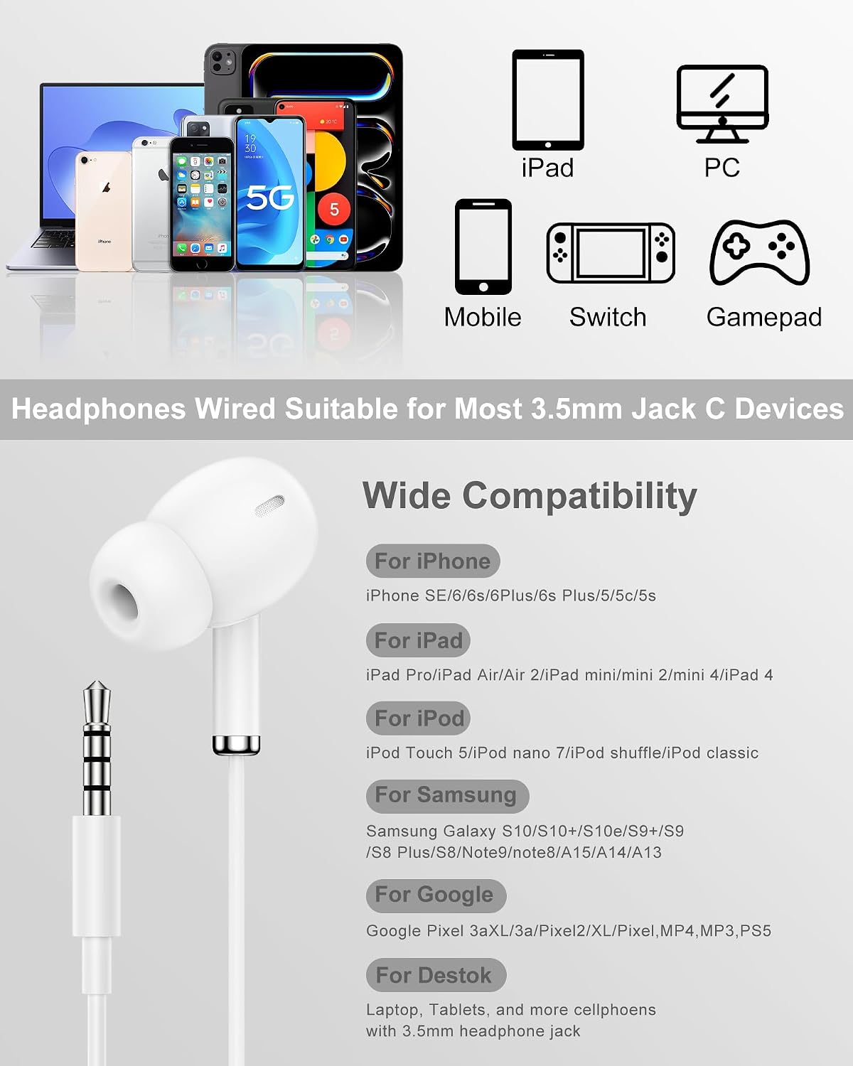 3.5mm Aux Jack Earbuds, Wired Over Ear Buds with Microphone, in-Ear Headphones for Apple iPhone ipad EarPods for Computer Laptop Gaming Devices, Stereo Bass Earphones for MP3 PC Air Pods Samsung