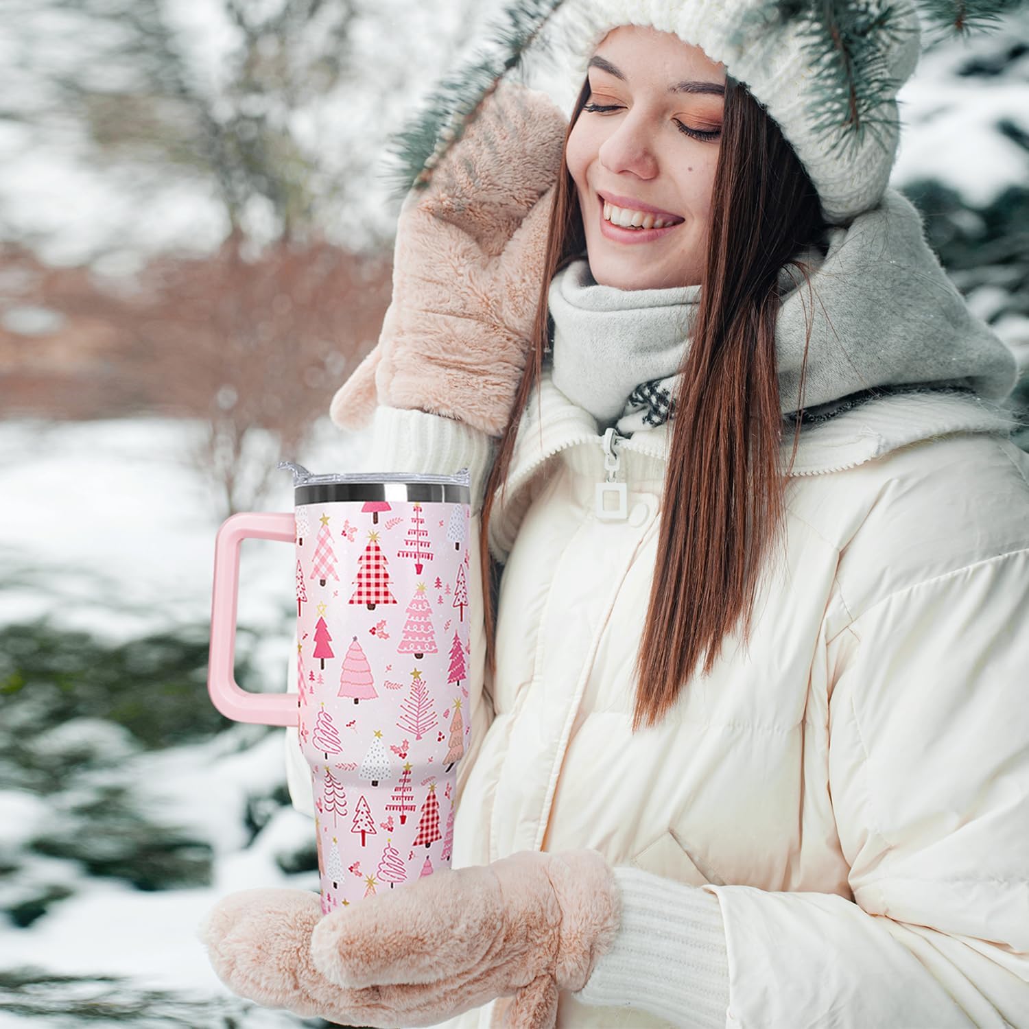 30 Oz Pink Christmas Tree Tumbler With Handle,Pink Coffee Travel Mug Cup Water Bottle,Christmas Tree Decor,Christmas Gifts for Women - Image 5