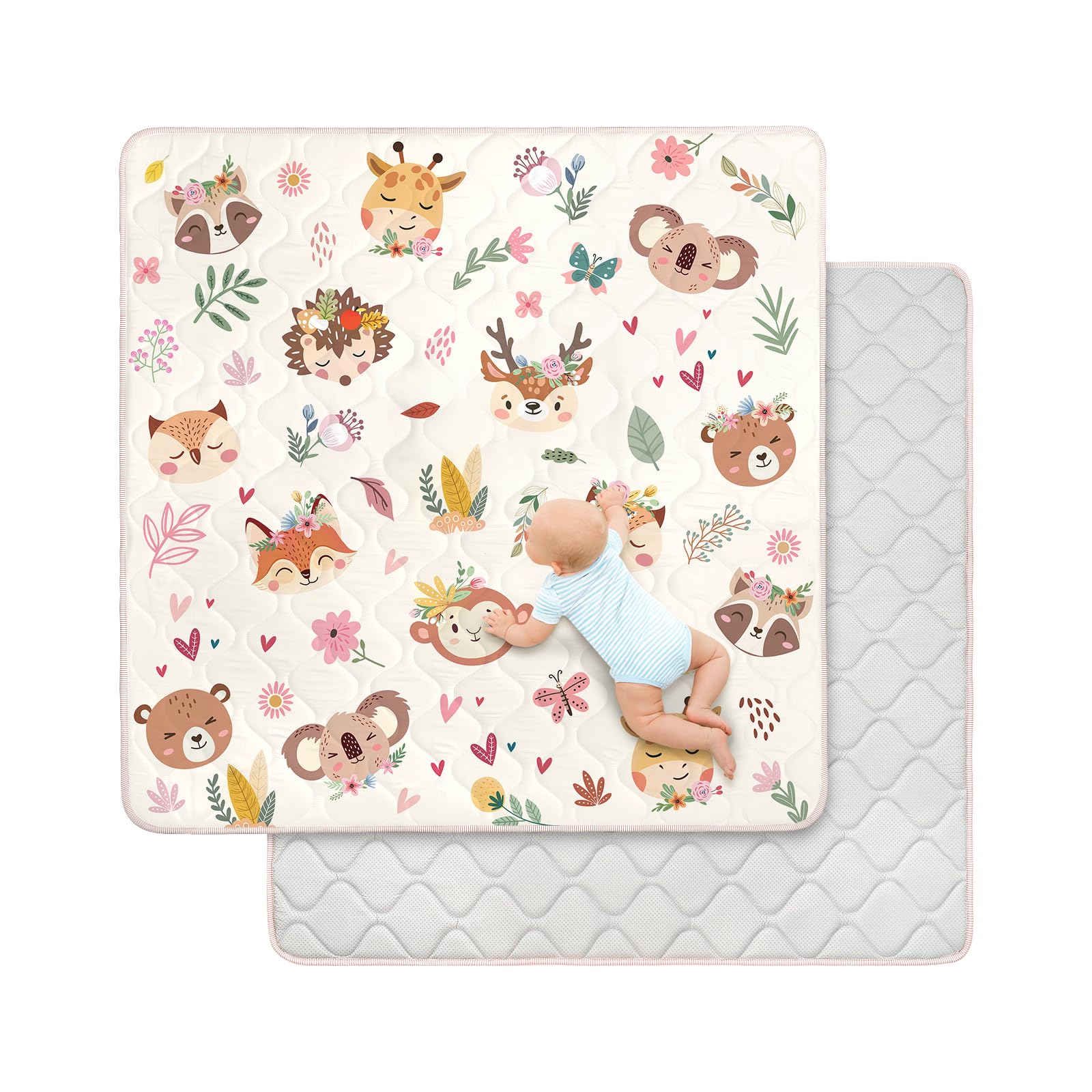 decalsweet Spielmatte Baby 127×127cm mit Rutschfest, Extra Dicke 2cm Weiche Krabbelmatte Baby, Faltbar Krabbeldecke für Baby Krabbelteppich für Kinderzimmer Indoor Outoor Zaun (Boho Tierköpfe)