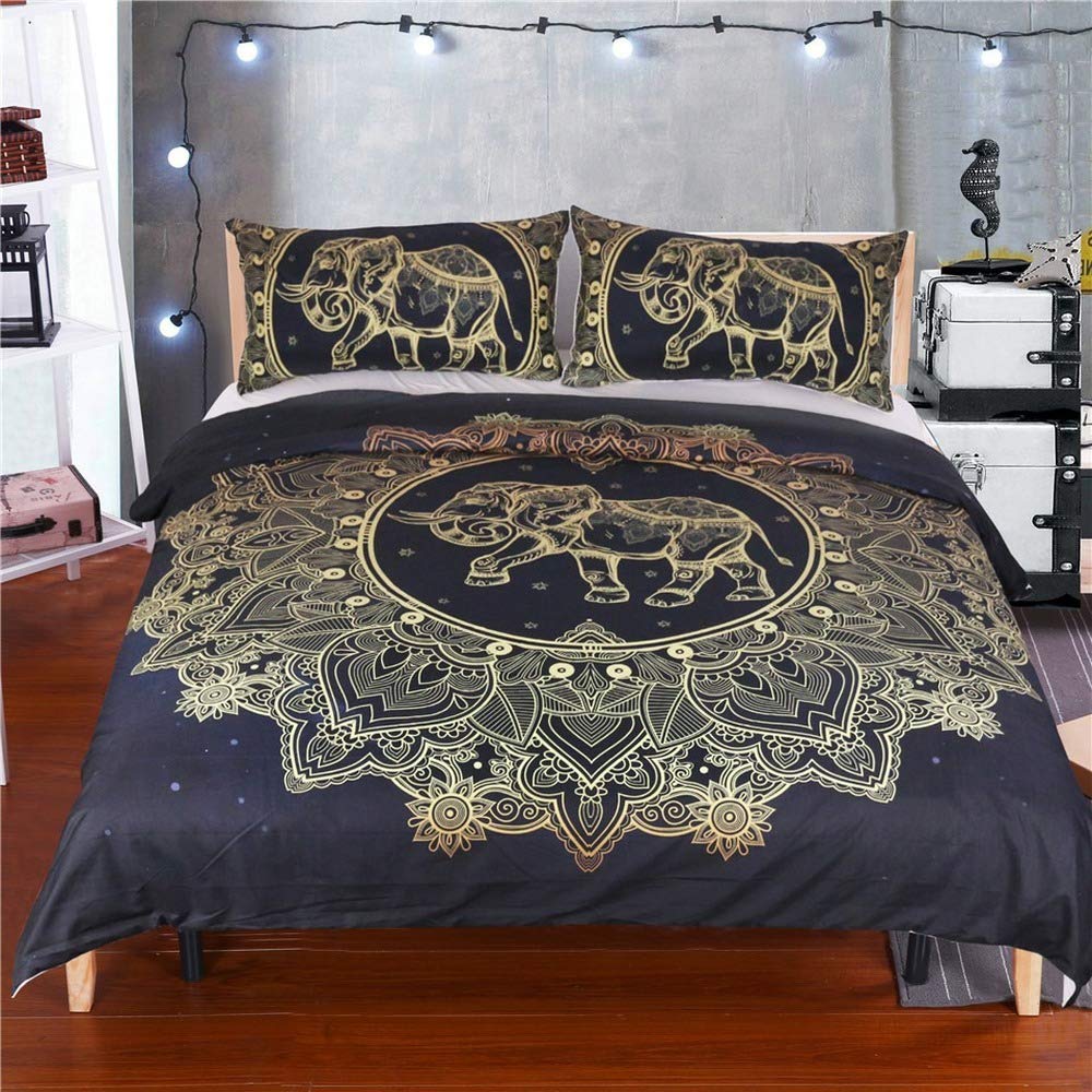 Housse de couette 173x218 mandala éléphant noir or et taie d'oreiller pour lit adulte ado