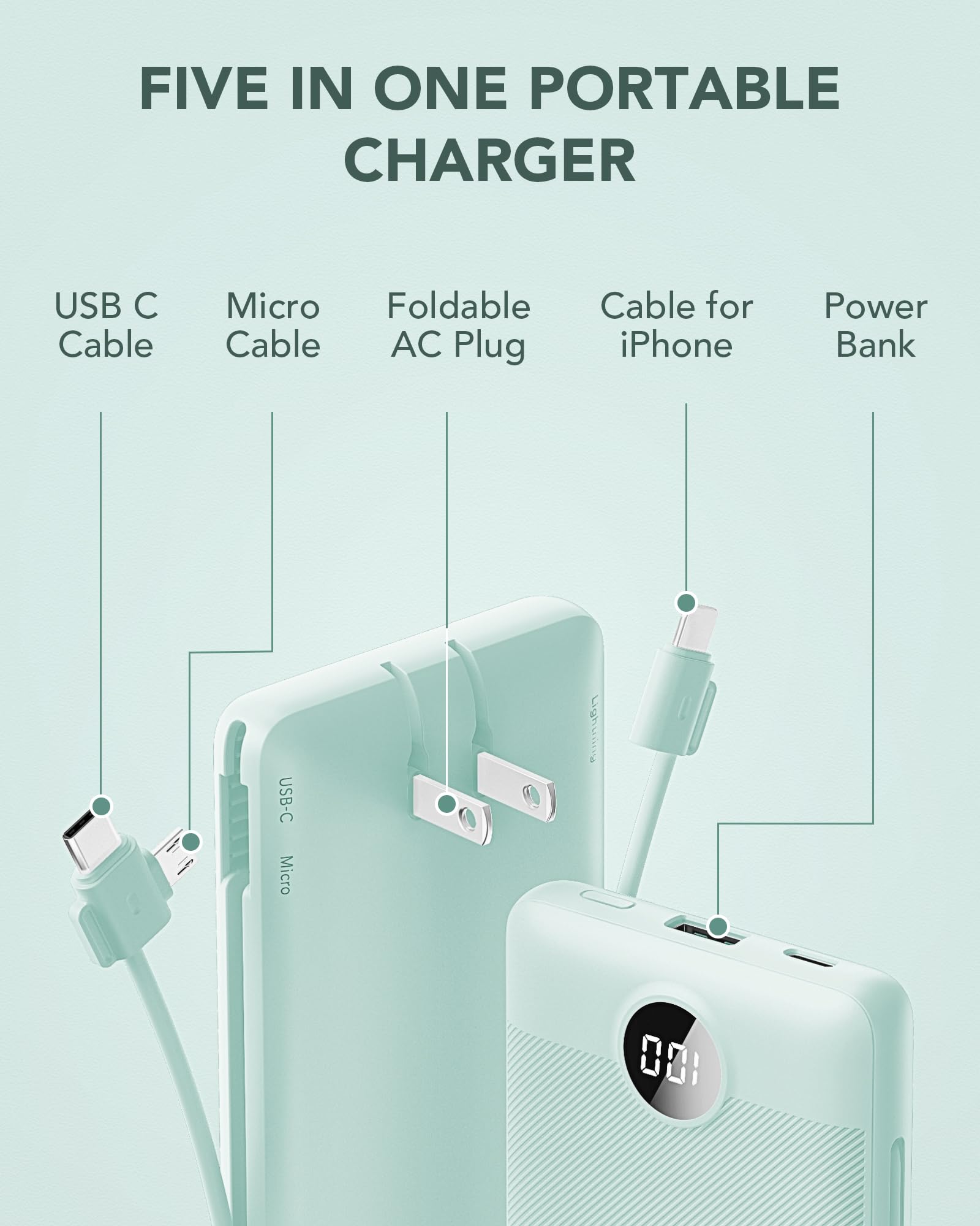VRURC Portable Charger Built-in Cables and AC Wall Plug, USB C Power Bank 10000mAh, Travel Battery Portable Phone Charger Compact Lightweight External Battery Pack for Smart Phones, Tablets etc-Green view 3