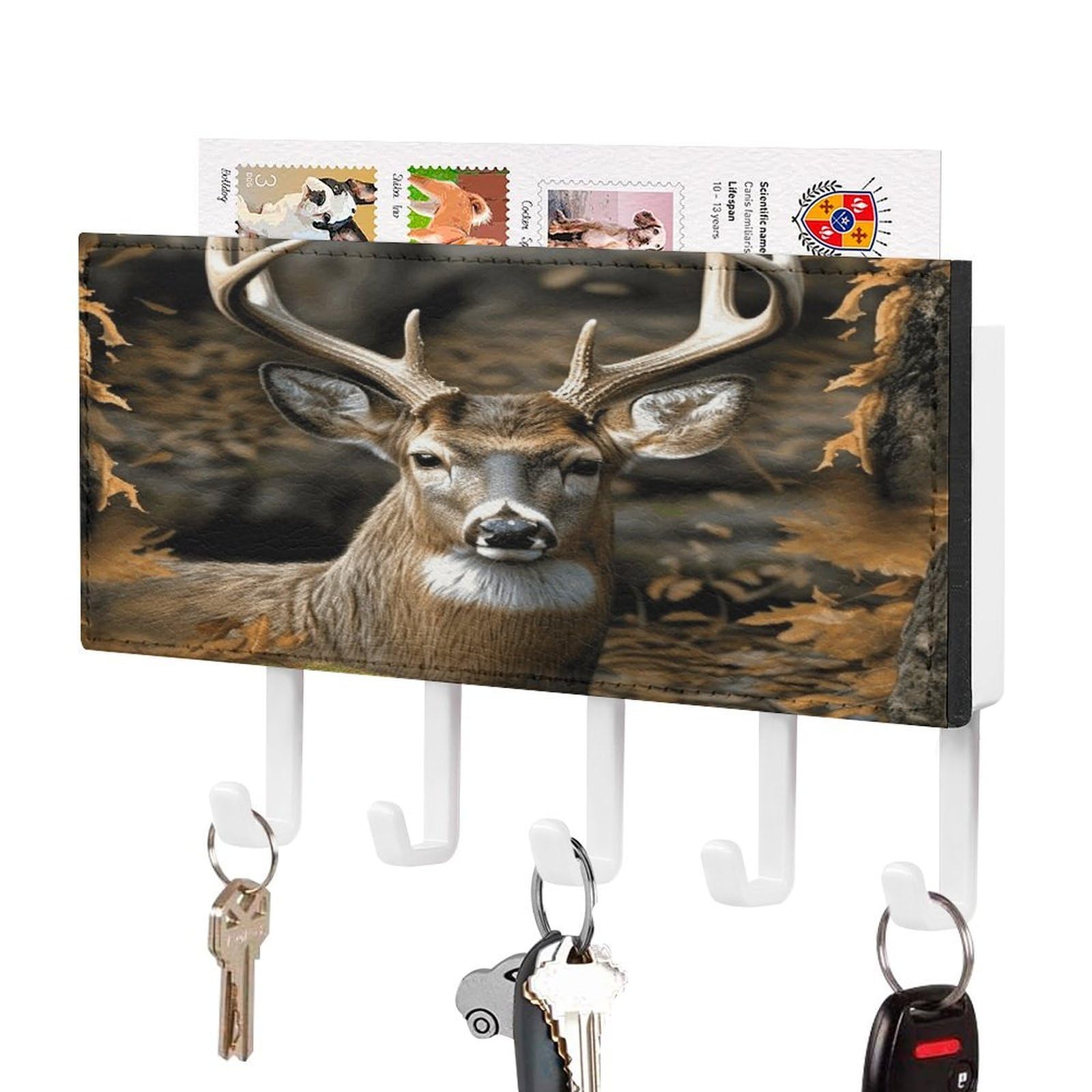 FekiLoot Camouflage Deer Key Holder Wall Mount Key Hanger with 5 Hooks Decorative Key Rack Hanging Key Hooks with Mail Organizer Key Holder for Wall Living Room Kitchen Bathroom Hallway White