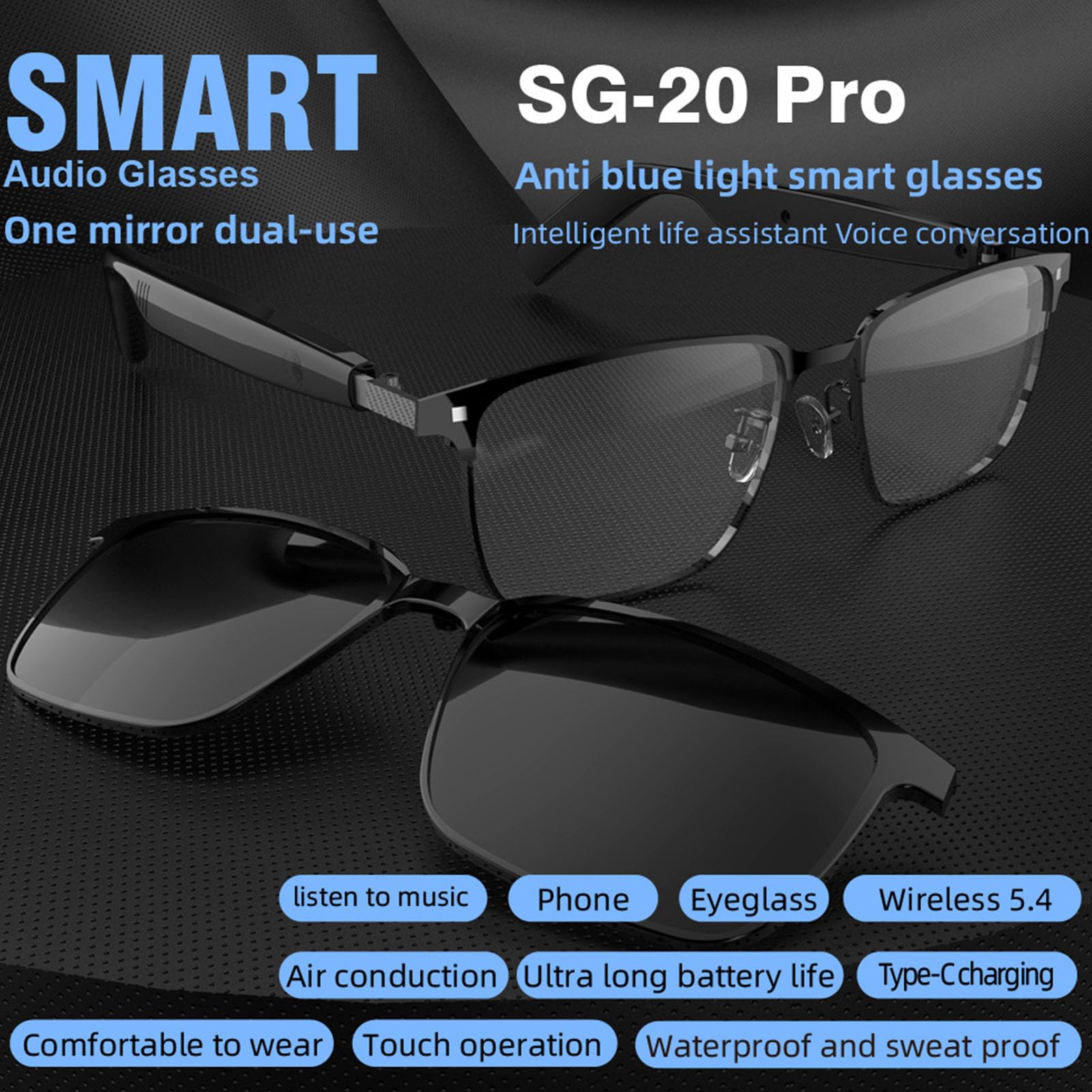 Jectse Verres Intelligentes AI, Lunettes de Traduction avec Micro et Haut-Parleur, Traduction en Temps Réel, 100+ Langues 5.4 pour Les Appels Musicaux, Lentille Magnétique