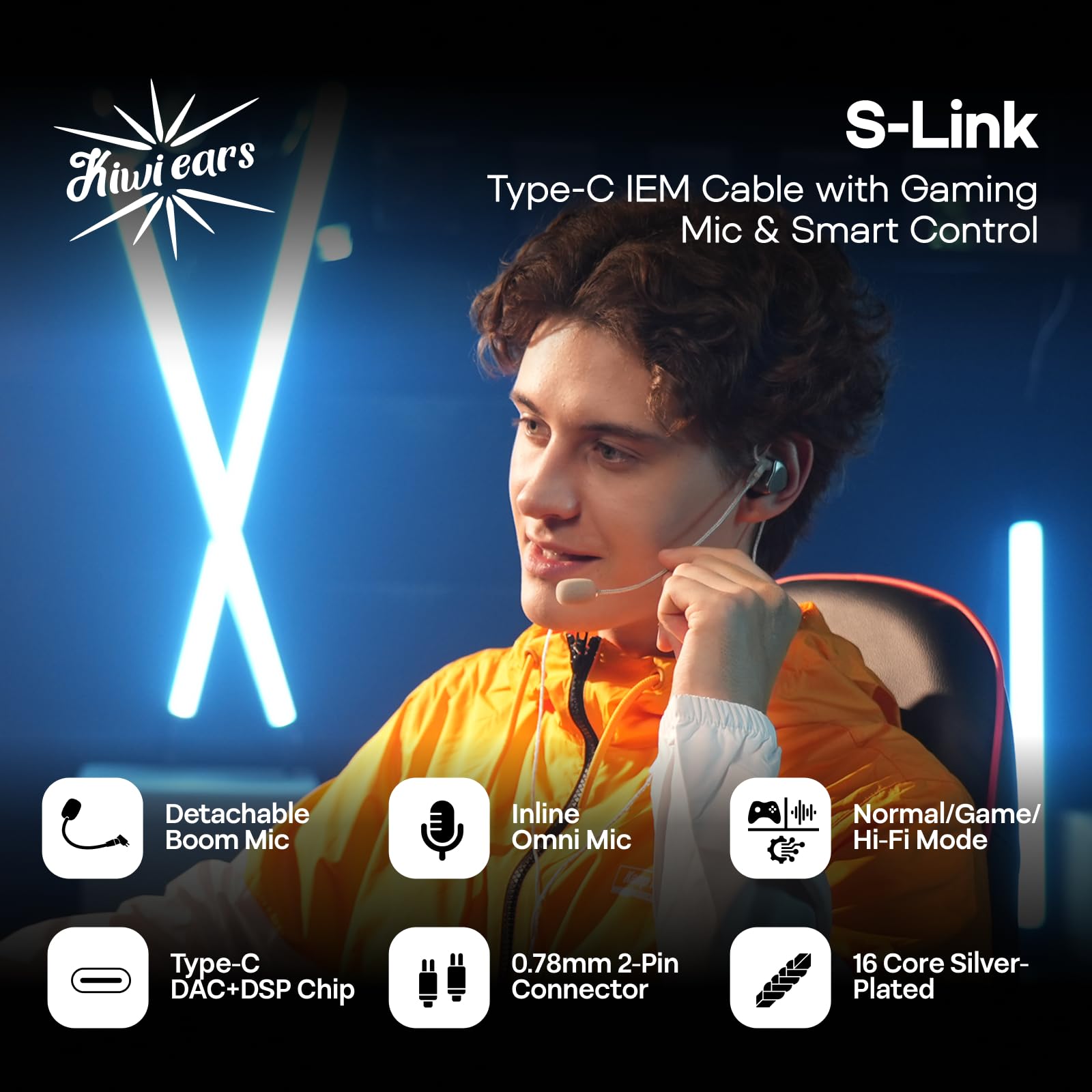 Linsoul Kiwi Ears S-Link Type-C kabel do słuchawek dousznych, kabel do słuchawek gamingowych z DAC+DSP, podwójnym mikrofonem, 3 trybami inteligentnego sterowania (Srebro, 2-pinowy)