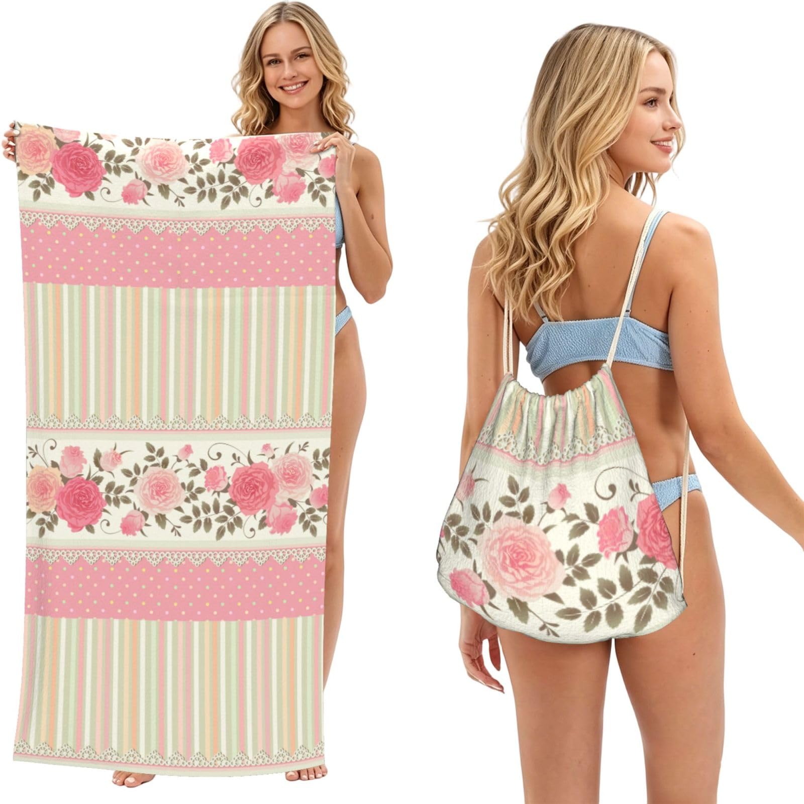 Poadnly Pink Floral Polka Dots Neutral Striped Combo Vintage Shabby Chic Flower Lace Pattern, 2 in 1 Packable Towel Bag, Beach Towels with Drawstring Backpack for Travel Holiday Camping