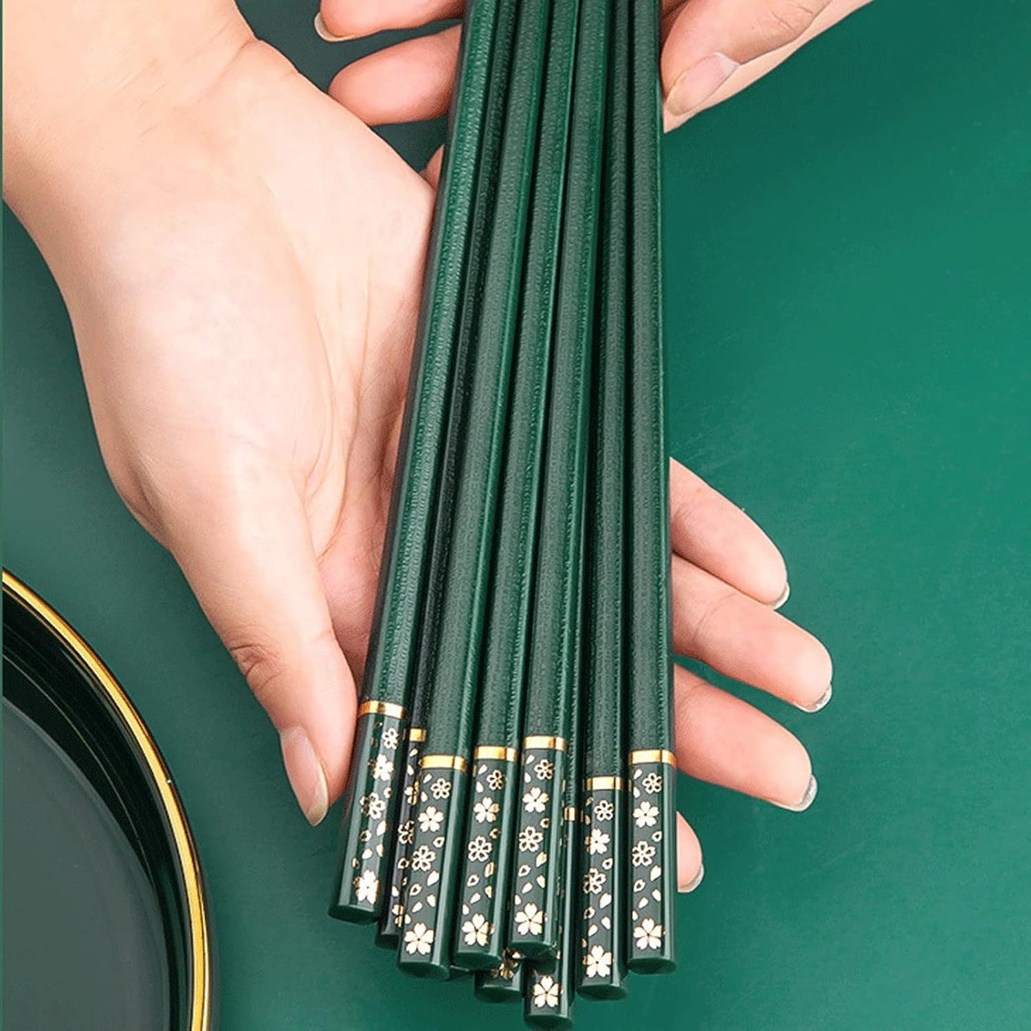 Chopsticks 5 Pair Chopsticks Non-slip, Alloy , Household , One For Person（green）