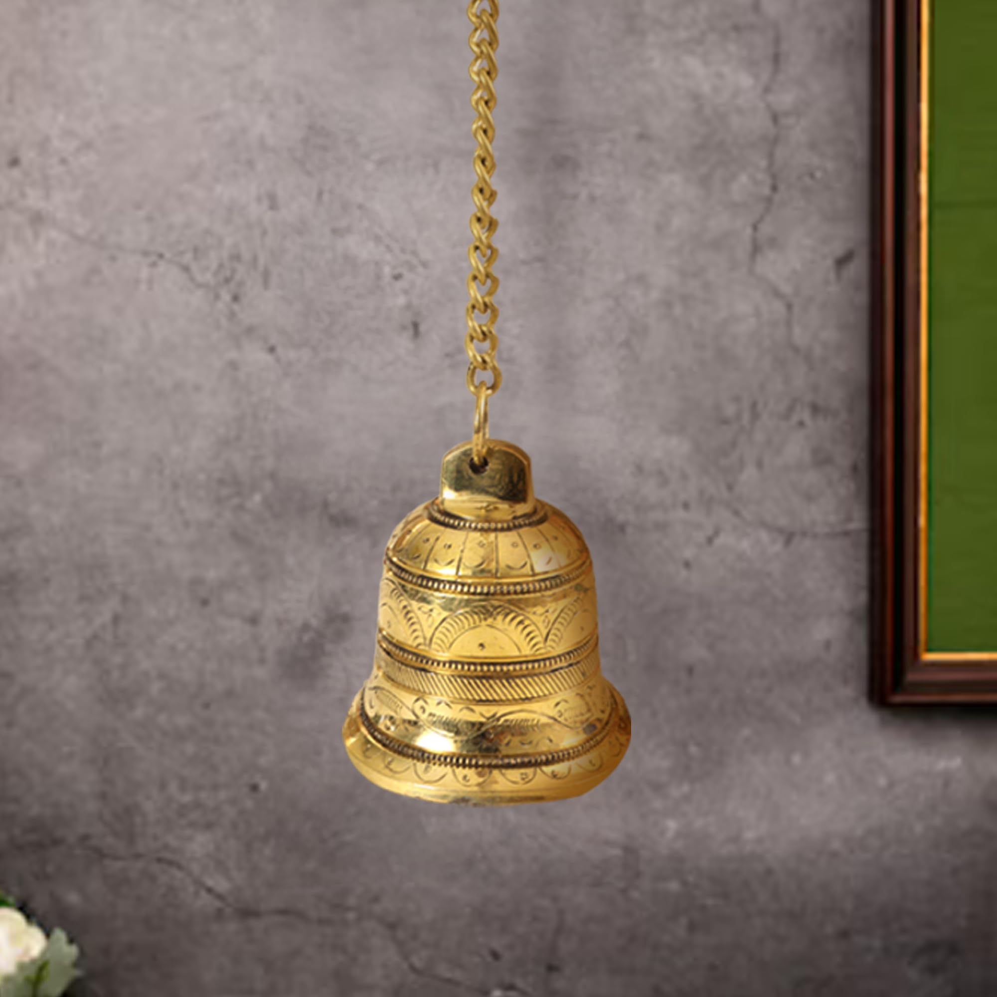 Putrika Handcrafted Brass Temple Bell with Hook & Chain|8 cm Pooja Pital Ghanti for Mandir|Traditional Hanging Bell for Home Décor & Aarti Rituals | 668g Solid Brass Bell 1