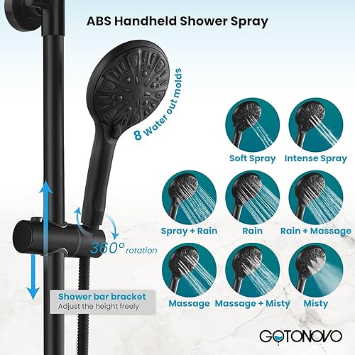 Vista 41 de gotonovo Grifo de ducha de baño, mezclador de lluvia, cabezal de ducha redondo de 8 pulgadas, mango cruzado doble con boquilla de bañera, montaje