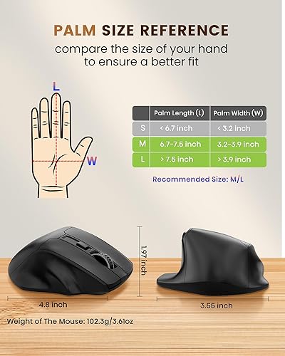 Miniatura 7 de XUANGUI Wireless Ergonomic Computer Mouse Bluetooth Cordless Mice for Large Hands, Max 4800 DPI Wirelss Optical Mose Ergo Shaped with Side Buttons