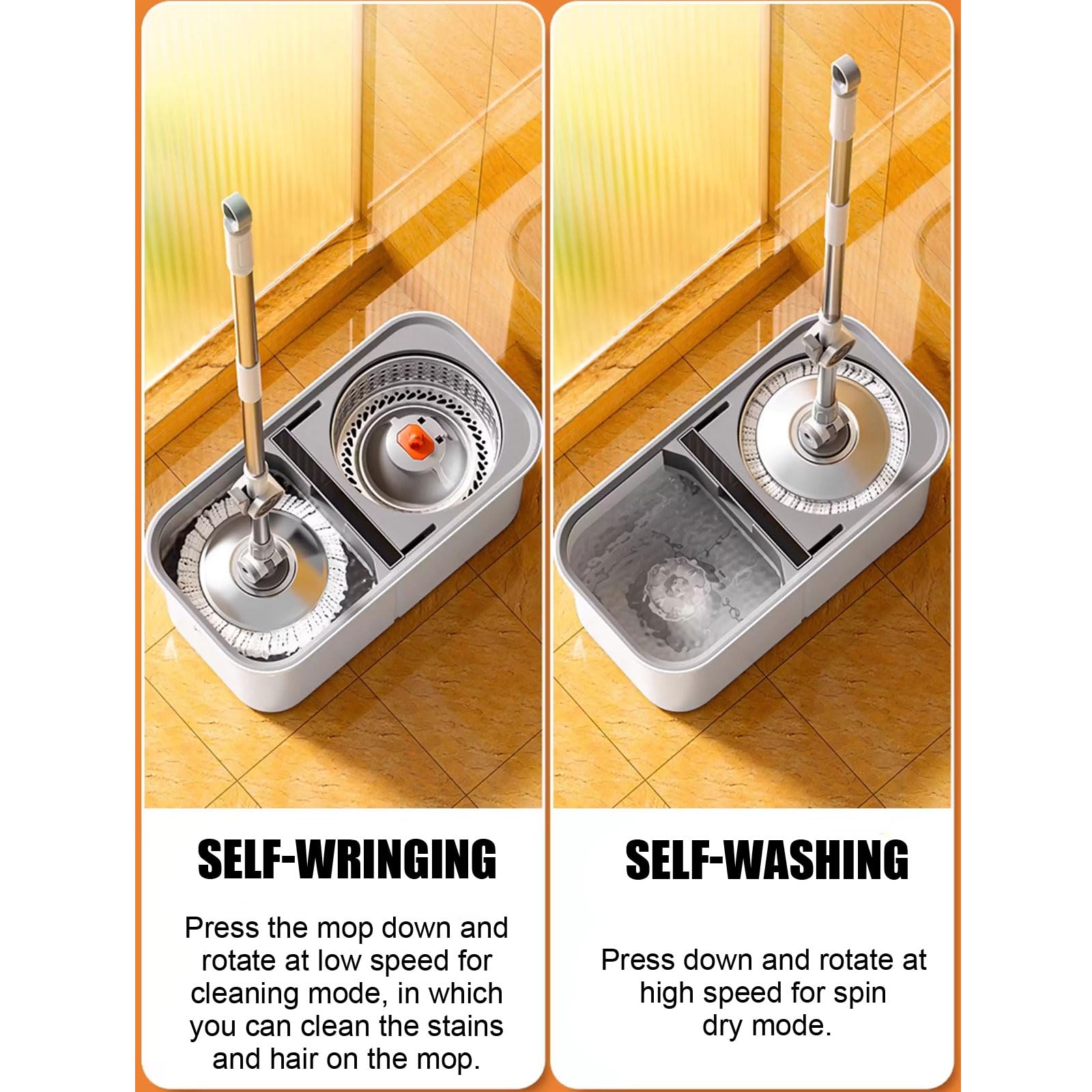 Juego de fregona giratoria y Cubo con escurridor, Trapeador Giratorio de 360° y Sistema de Cubo Interior Desmontable para Limpieza de Pisos,2 Microfiber Mop Pads