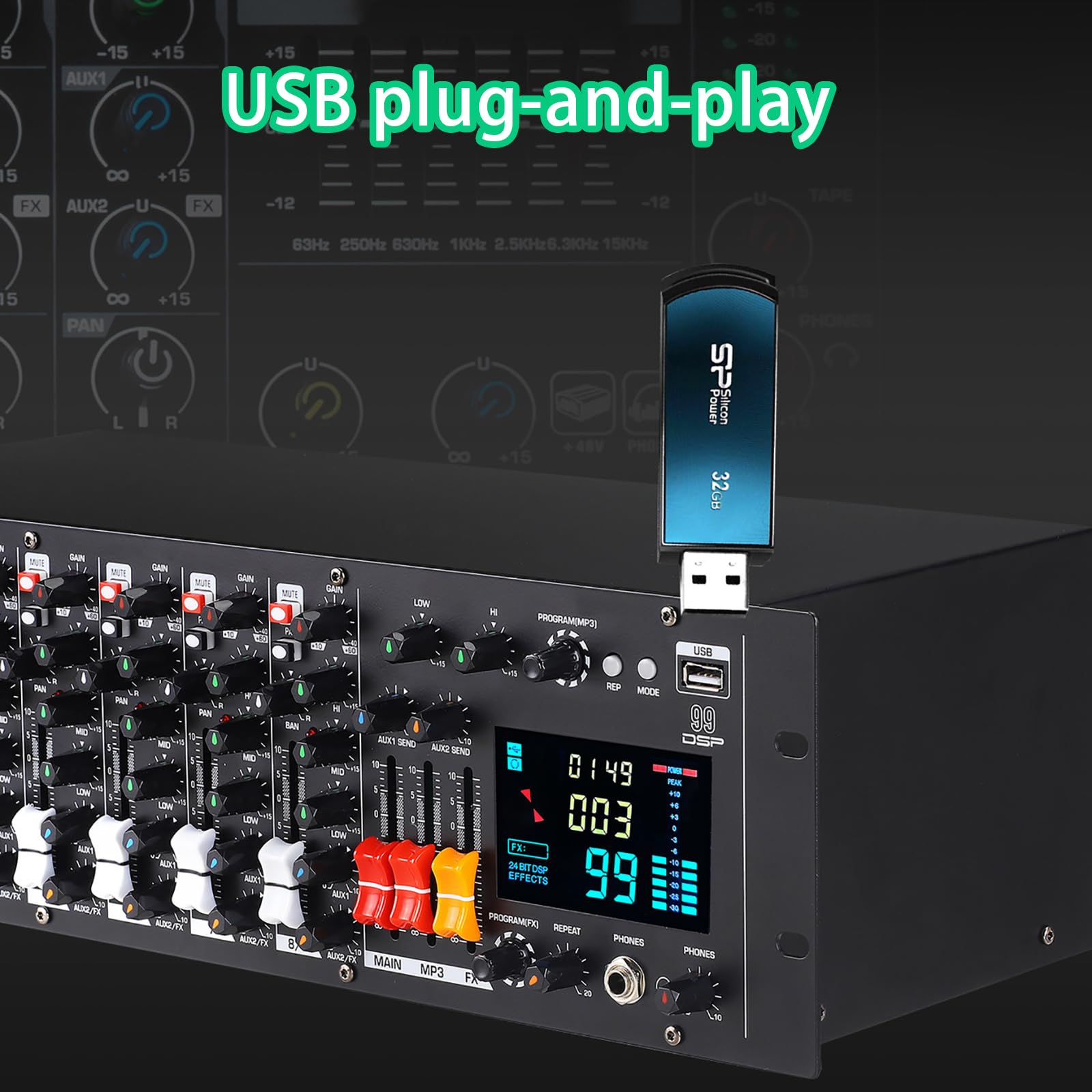 Mezclador de audio profesional de 9 canales con pantalla digital, Bluetooth integrado, alimentación Phantom de 48 V y 99 efectos DSP, entrada MP3 para uso en transmisión