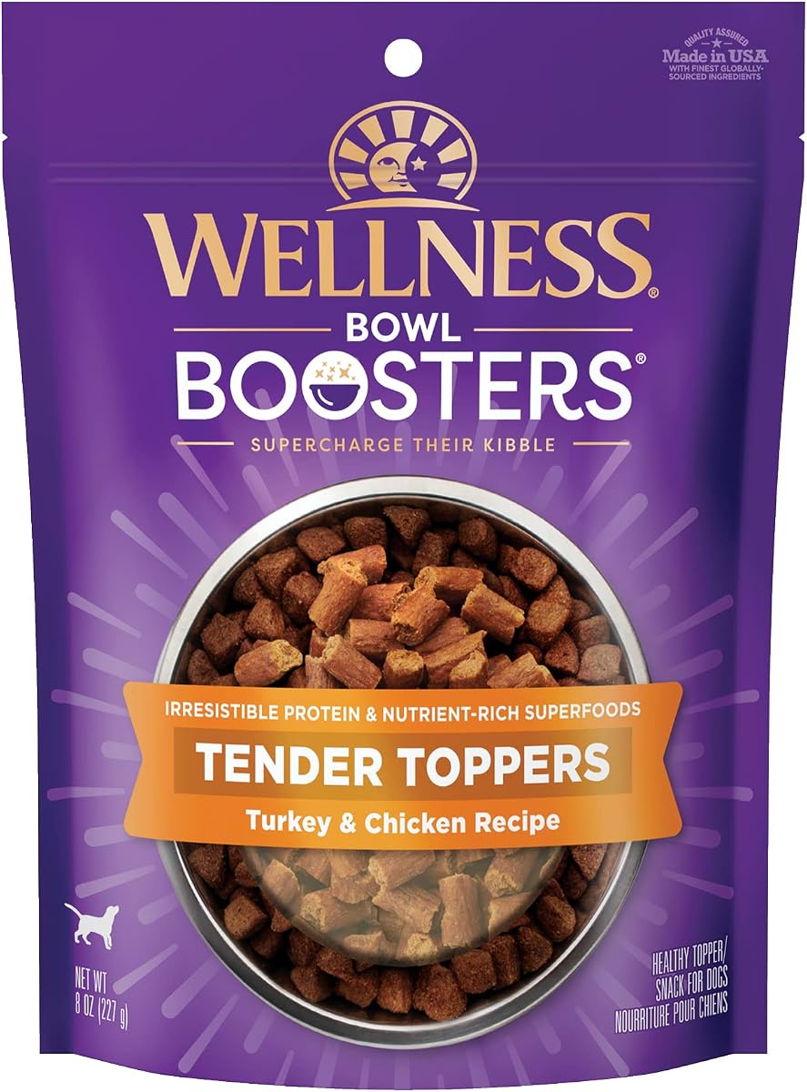 Wellness Bowl Boosters Tender Toppers Adorno de comida para perros para razas pequeñas, medianas y grandes, sin cereales, natural, receta de pavo y pollo, bolsa de 8 oz