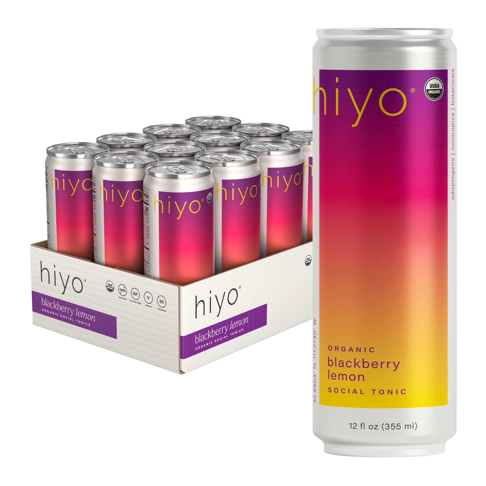 Hiyo Organic Social Tonic - Blackberry Lemon, 12 Pack - N.A. Functional Seltzer, Sparkling Water Crafted with Organic Adaptogens, Nootropics & Botanicals