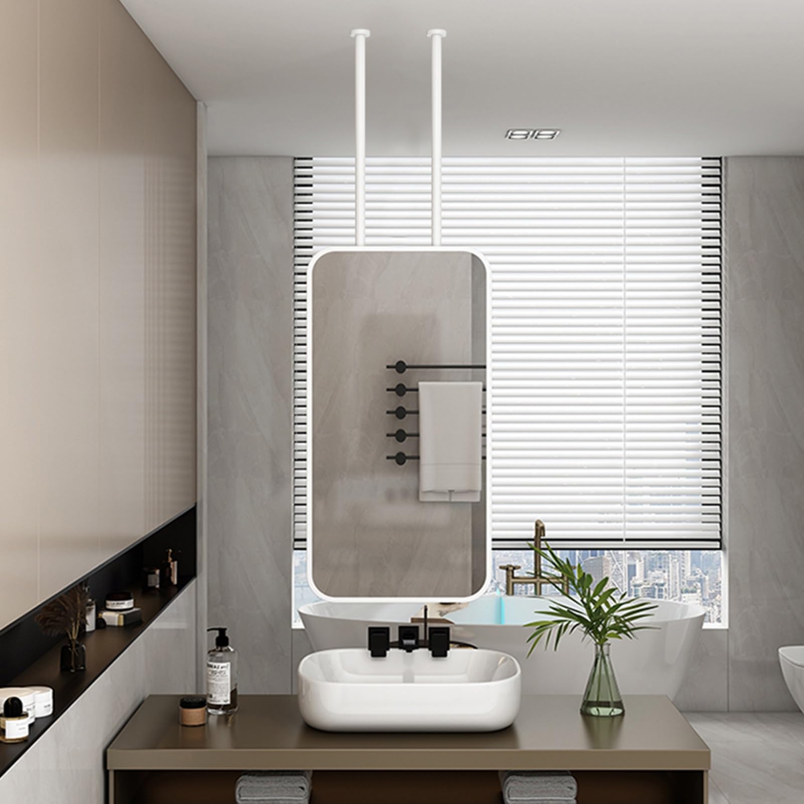 FGXHHS Rectangle Mirror with Metal Rod, Vertical Ceiling Mount Decorative HD Mirror, White Modern Simple for Bathroom, Bedroom, Cloakroom(40cmx70cm)