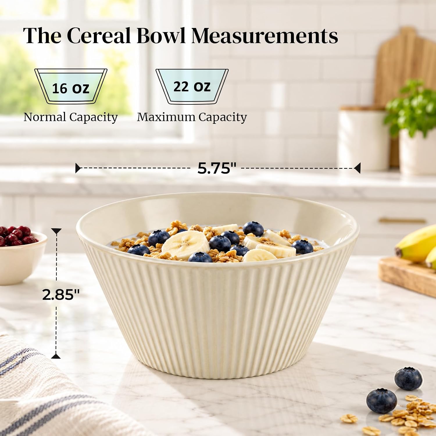 DOWAN 22 OZ Cereal Bowls Set of 4, Ceramic Soup Bowls for Cereal, Ramen, Oatmeal and Pasta, Fluted & Stackable Bowls, Microwave & Dishwasher Safe, Earth Tones