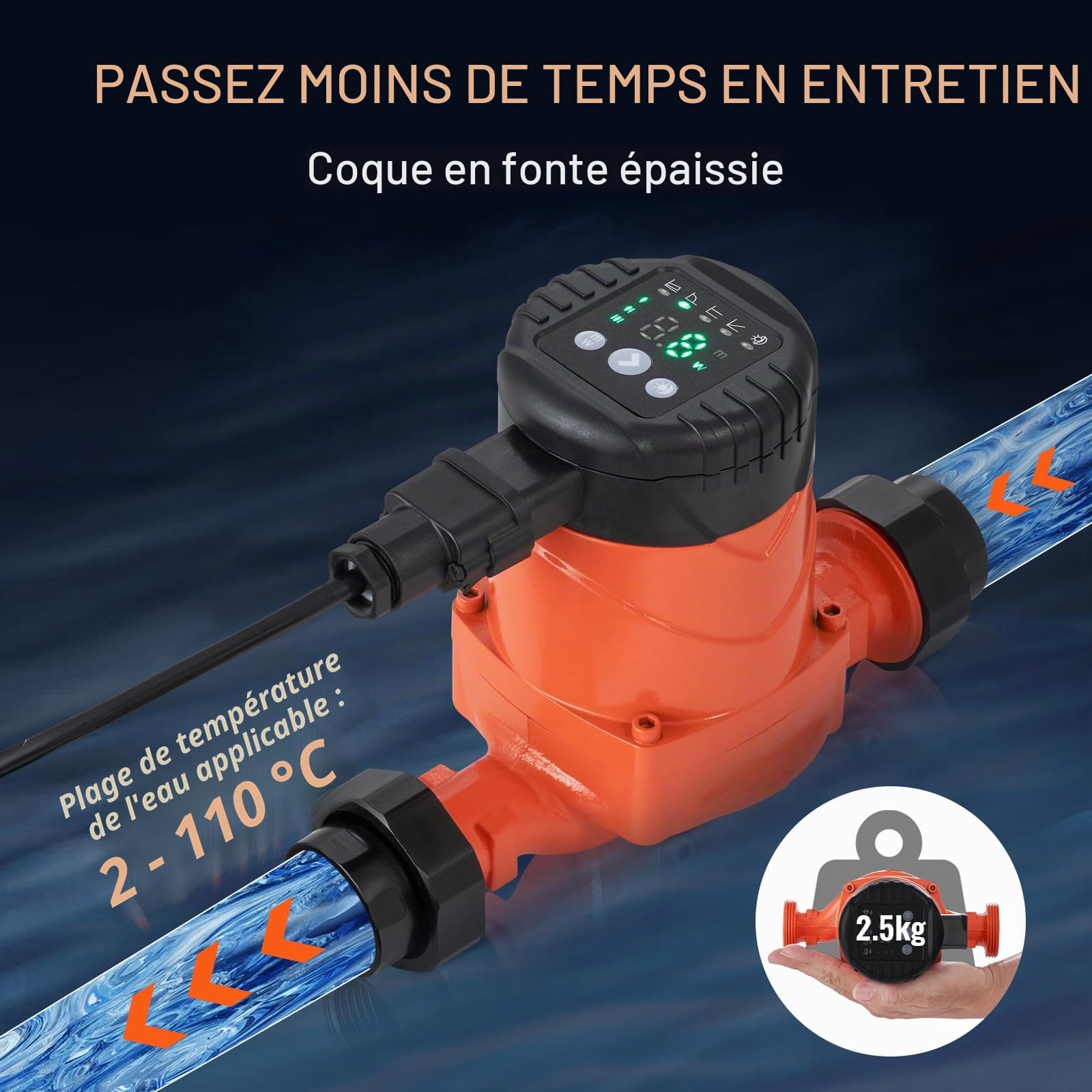 VEVOR Pompe de circulation d'eau chaude, LPS25-4BP-180, pompe de chauffage à haut rendement 50 L/min, pompe à eau automatique ECM, 220V 22W, hauteur de refoulement max. 4 m pour système de chauffe-eau