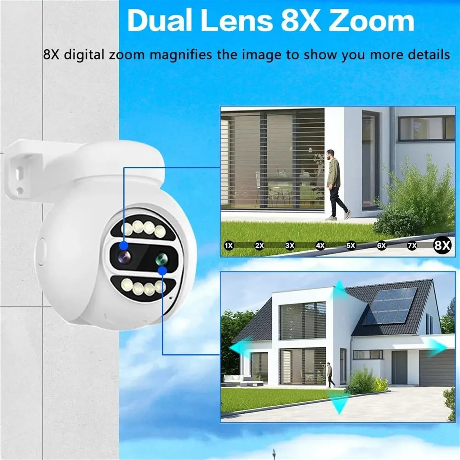 Telecamera di sicurezza, Telecamera Speed ​​Dome IP 8MP 4K PTZ Zoom 8X POE Audio bidirezionale Sicurezza esterna H.265 Slot for scheda SD Pan Tilt impermeabile(5MP Add 64G Card)