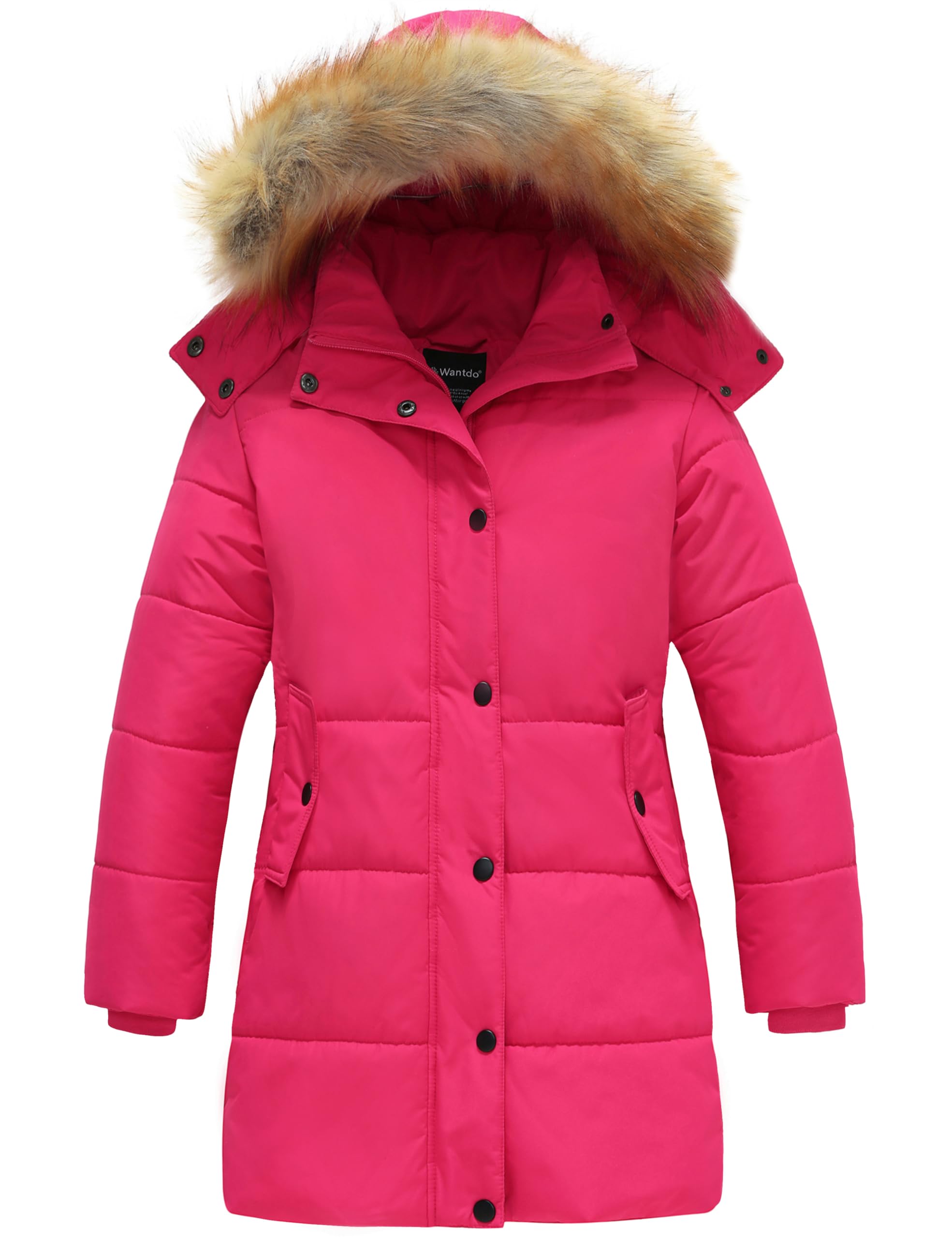wantdo Girl's Puffer Jacket Long Winter Jacket with Faux Fur Hood Rose Red 6-7