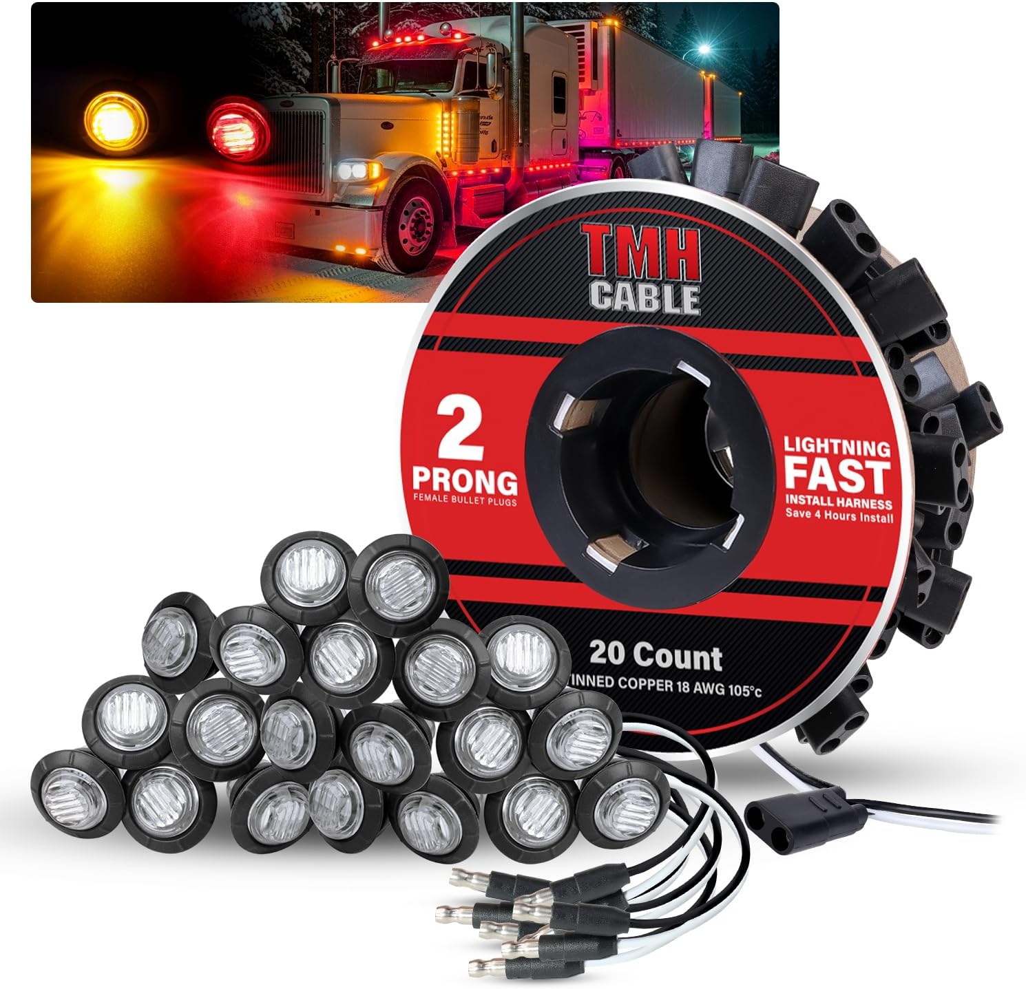 TMH 20 Pcs of 3/4 Inch Side Marker Clear Lens Amber Lights with Connector Plug + 2 Pin Continuous Wire Harness, Plug and Play Hassle-Free Installation for Truck Trailer RV Pickup