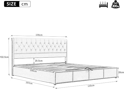 ModernLuxe Upholstered Double Bed, 4FT6 Bed Frame with Hydraulic Lever and Soft Headboard, Functional Storage Ottoman Bed, Rivet Decoration, End of Bed Storage Bench, Velvet Grey, 135x190cm