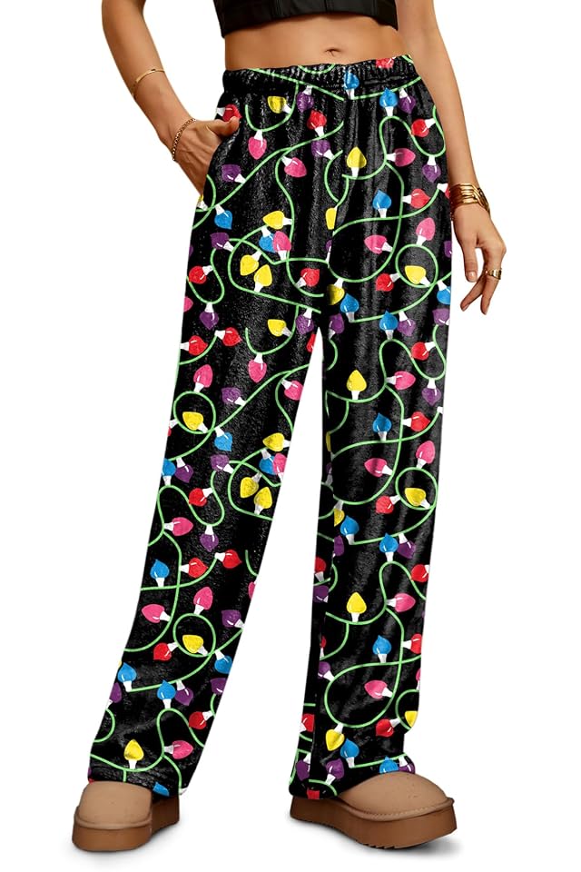 Womens Christmas Fleece Elastic Waist Pants with Pocket