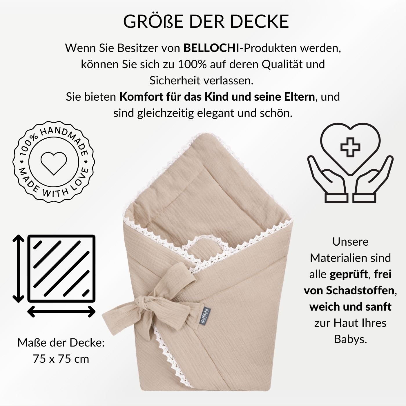 Bellochi 2in1 Baby Einschlagdecke Babyhörnchen - 75 x 75 cm - 100% Musselin Wickeldecke - für Kinderwagen, Babybett oder Kindersitz - Ganzjährig - ÖKO-TEX Zertifiziert - Beige