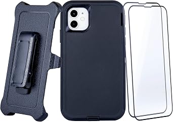 Case for iPhone 11 6.1" with 2 Screen Protectors | Heavy Duty Full Body Military Grade Drop Protection Carrying Cover Holder | Holster for Men Belt with Clip Stand Black