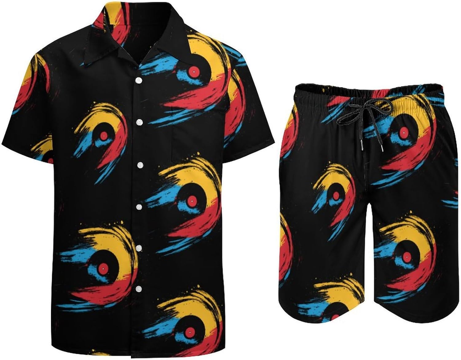 Vinyl Record Rendered Music Art Summer Mens Vacation Outfits Beach Shirts Shorts Matching Set