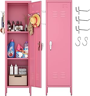 Aobabo 54" H Metal Locker for Employees, Storage Locker with Lockable 1 Door and Towel Rack and 2 Side Pegboards with Hooks for School Office Gym Home, Assembly Required (Pink)