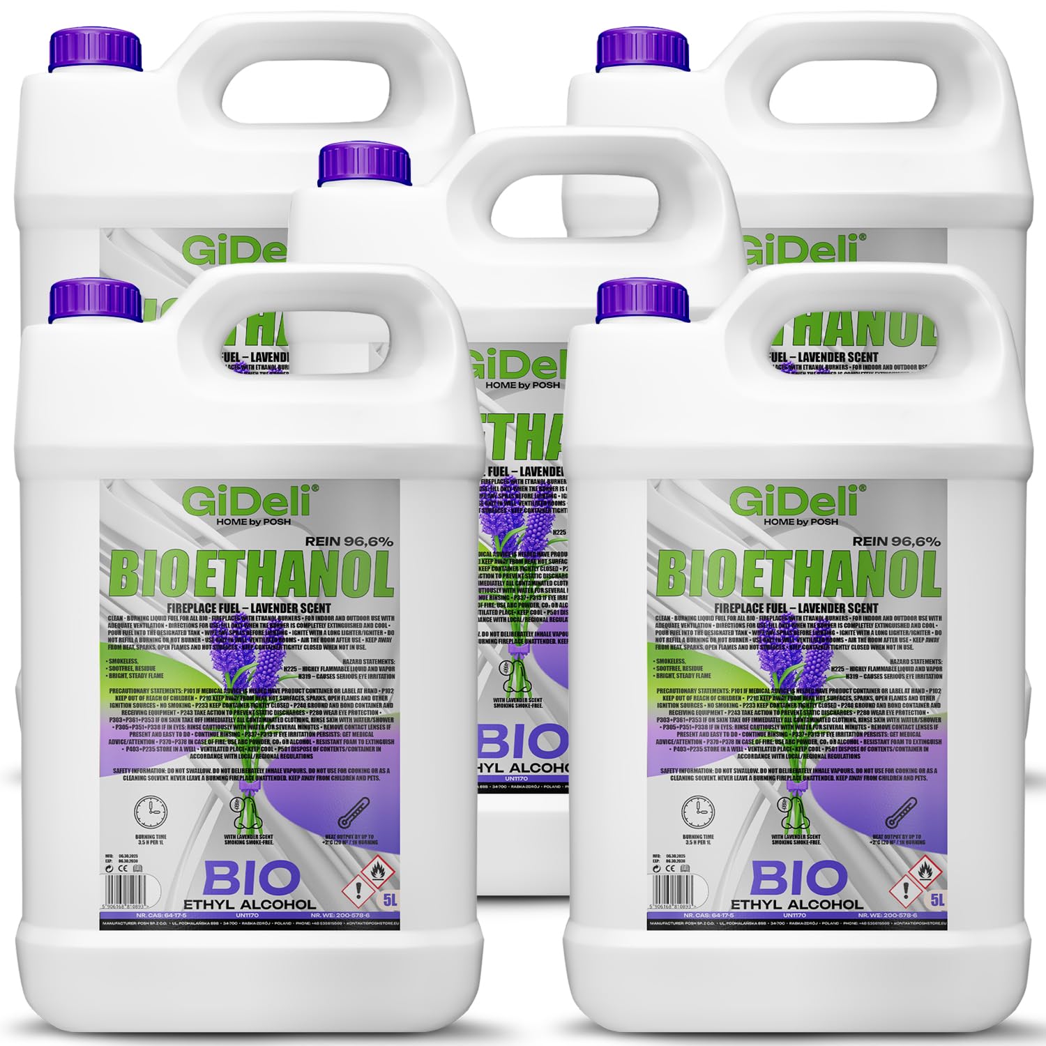 GiDeli Bioetanolo 5 x 5 l profumo di lavanda 96,6% etanolo per camini interni ed esterni, senza fumo e fuliggine, da mais e barbabietola da zucchero