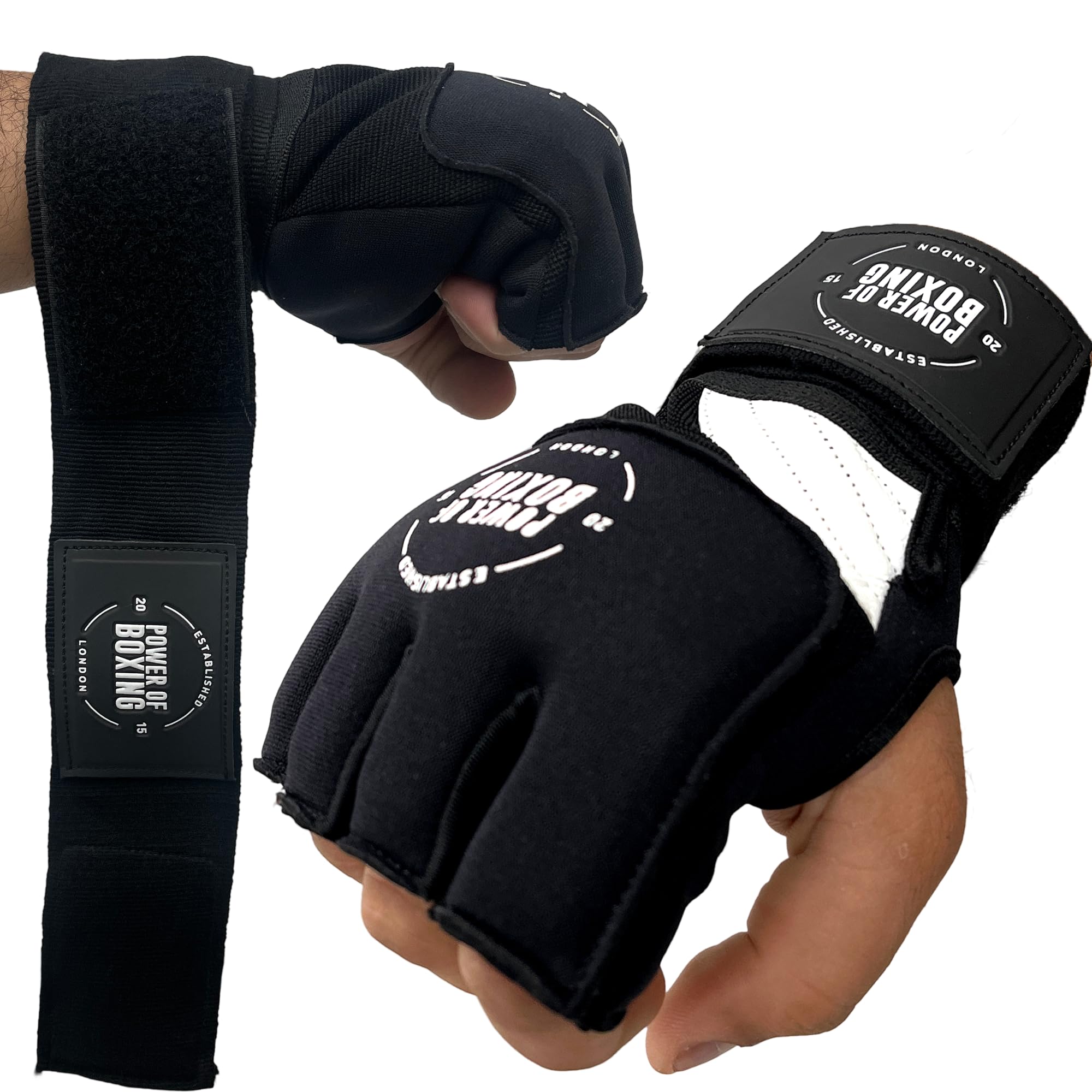 POWER OF BOXING Gel Boxing Wraps, Hand Wraps Boxing Inner Gloves with 95cm long Wrist Straps, Boxing Hand Wraps Men & Women for Martial Arts MMA, Muay Thai, Kickboxing (Polyester, Black) (XS/S)
