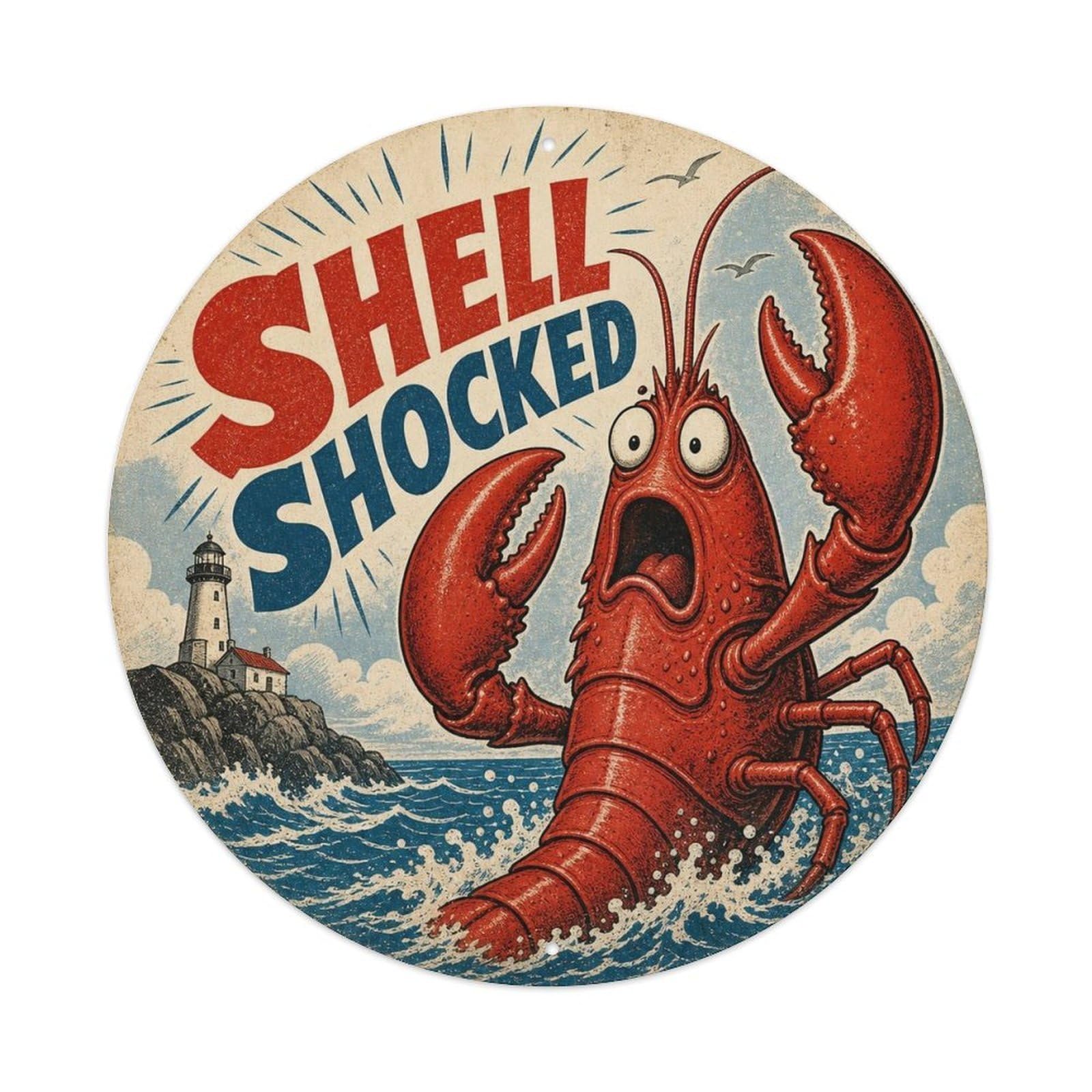Okngb Style Lobster Shell Shocked Marine Animal Retro Comic Meme Metal Tin Sign Plaque Wall Decor For Cafe, Man Cave, Club Bar, Office, Home Garden Round Metal Poster 8X8inch