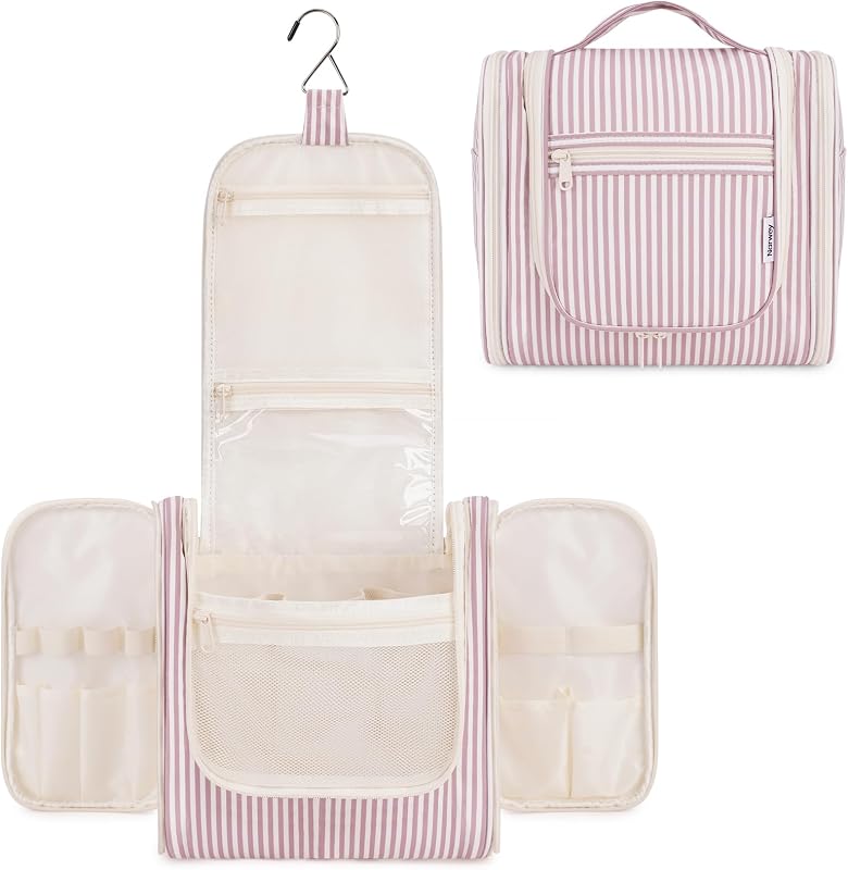 Necessaire de viagem suspensa Narwey com gancho e bolsos, CA-Dusty Rose Stripe, Pacote com 1