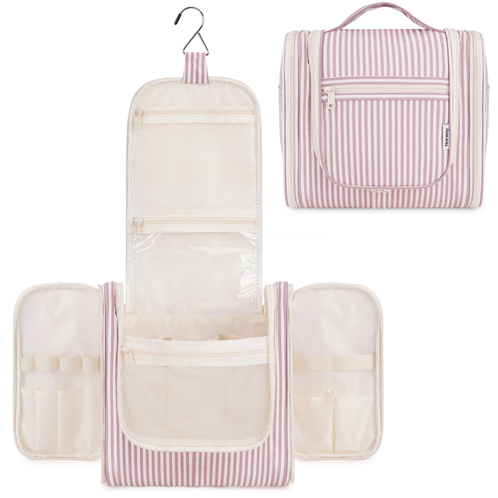 Narwey Striped Hanging Travel Toiletry Bag for Women, Travel Bag for Toiletries, Makeup Bag Organizer Cosmetic Bags Make Up Bags for Women (Dusty Rose