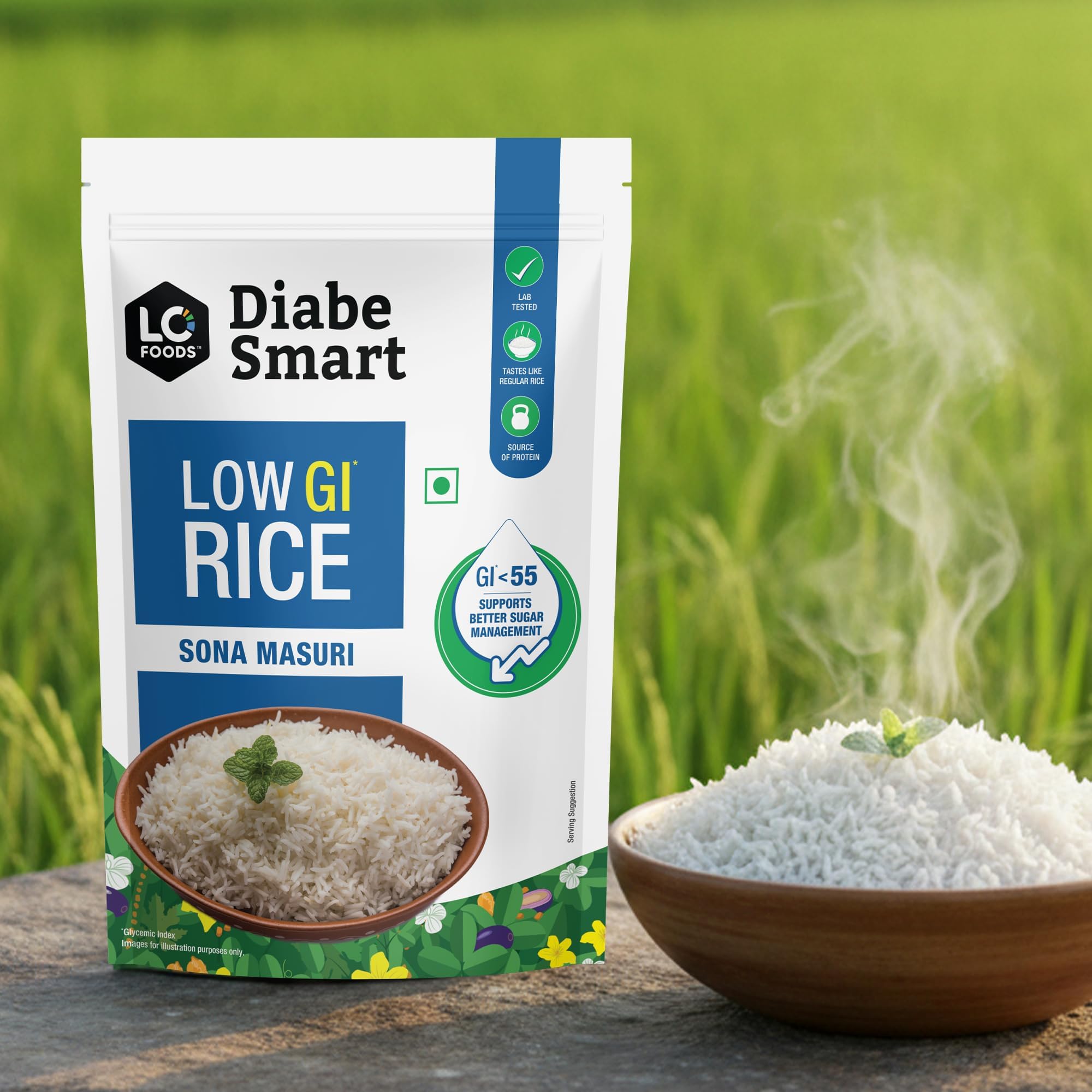 DiabeSmart Premium Diabetic Rice 1 kg | Tested Low GI Rice For Diabetic | Sugar Free Rice To Manage Blood Sugar Level| Sona Masoori Rice| Healthy Low Carb Brown Rice equivalent| Diabetes Food Products
